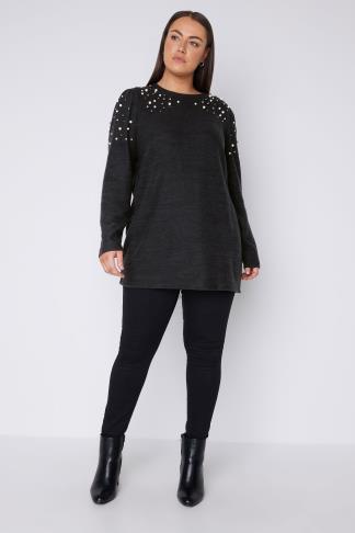 EVANS Plus Size Grey Pearl Embellished Jumper Dress