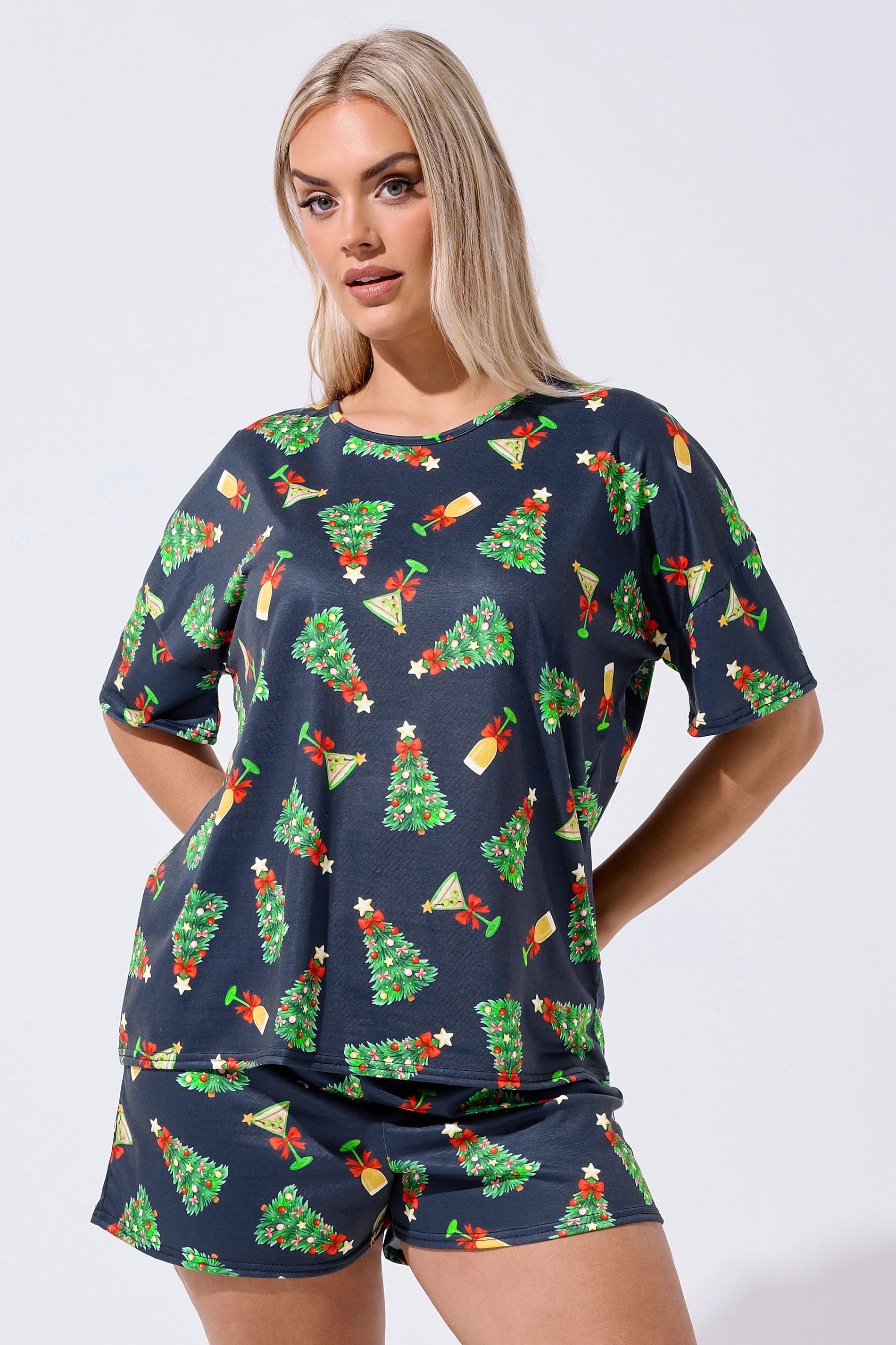 LIMITED COLLECTION Plus Size Navy Blue Christmas Tree Novelty Pyjama Set | Yours Clothing 3