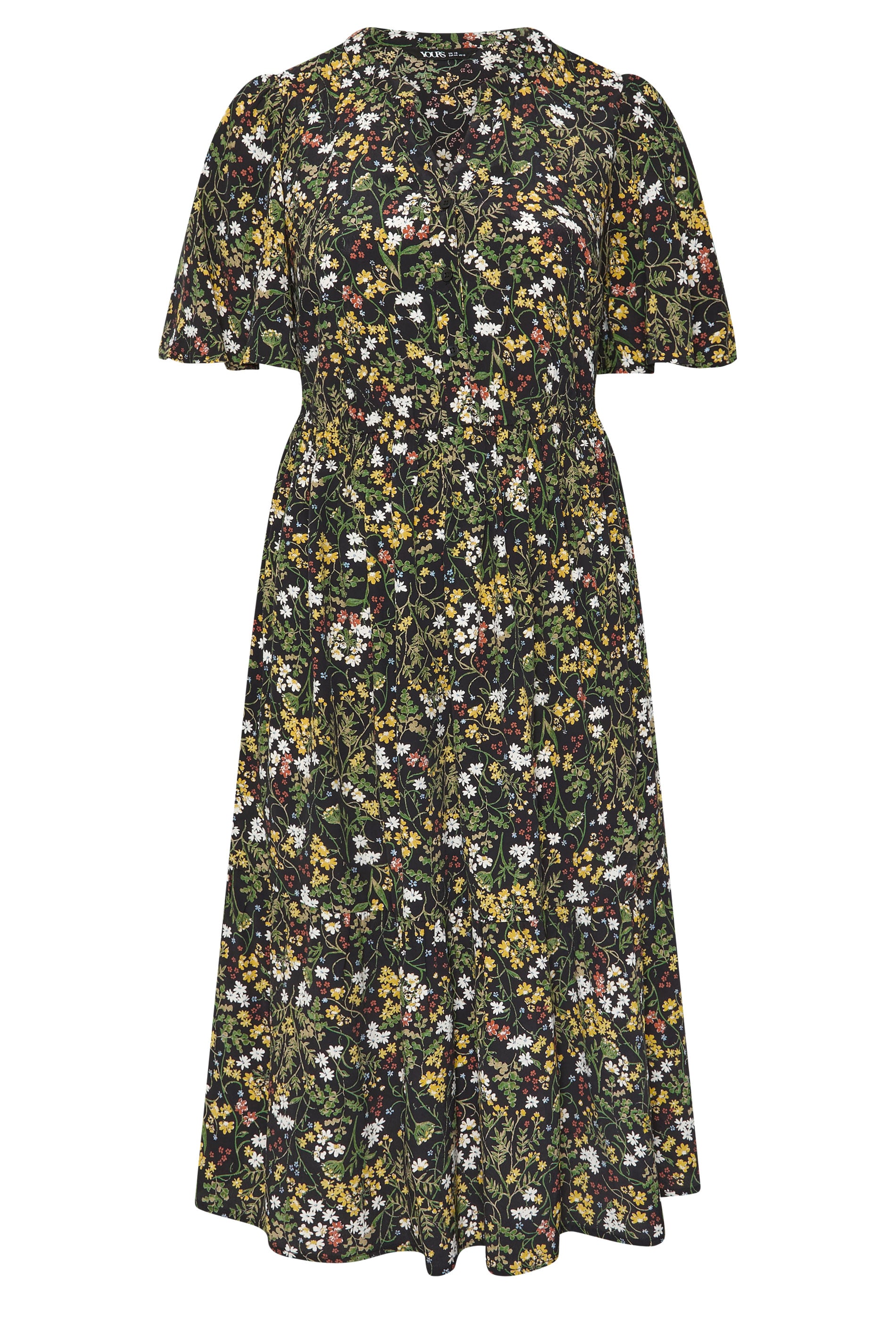 YOURS Plus Size Black Floral Placket Midi Dress | Yours Clothing 1