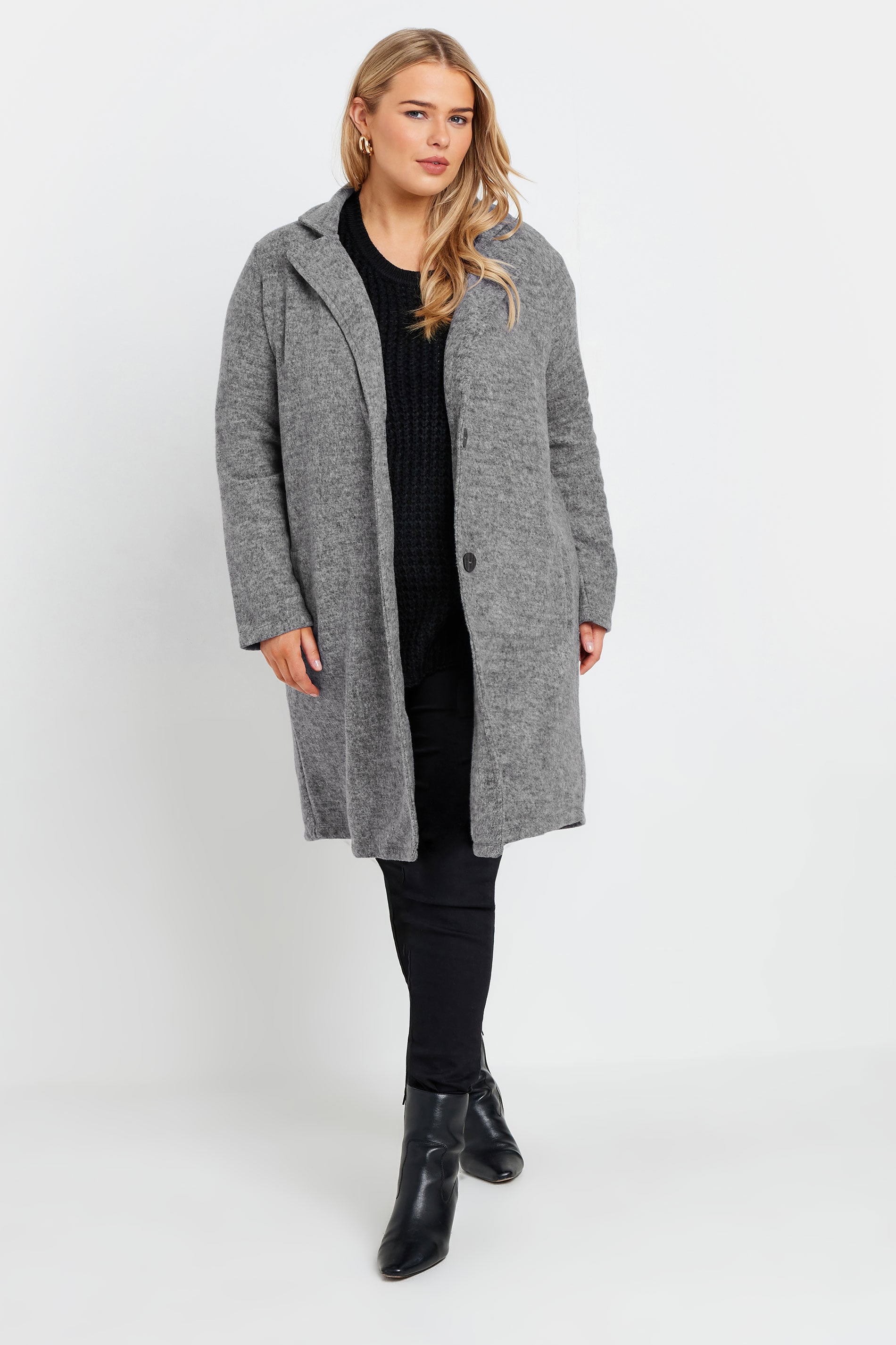 YOURS LUXURY Plus Size Grey Marl Button Front Midi Jacket | Yours Clothing 1