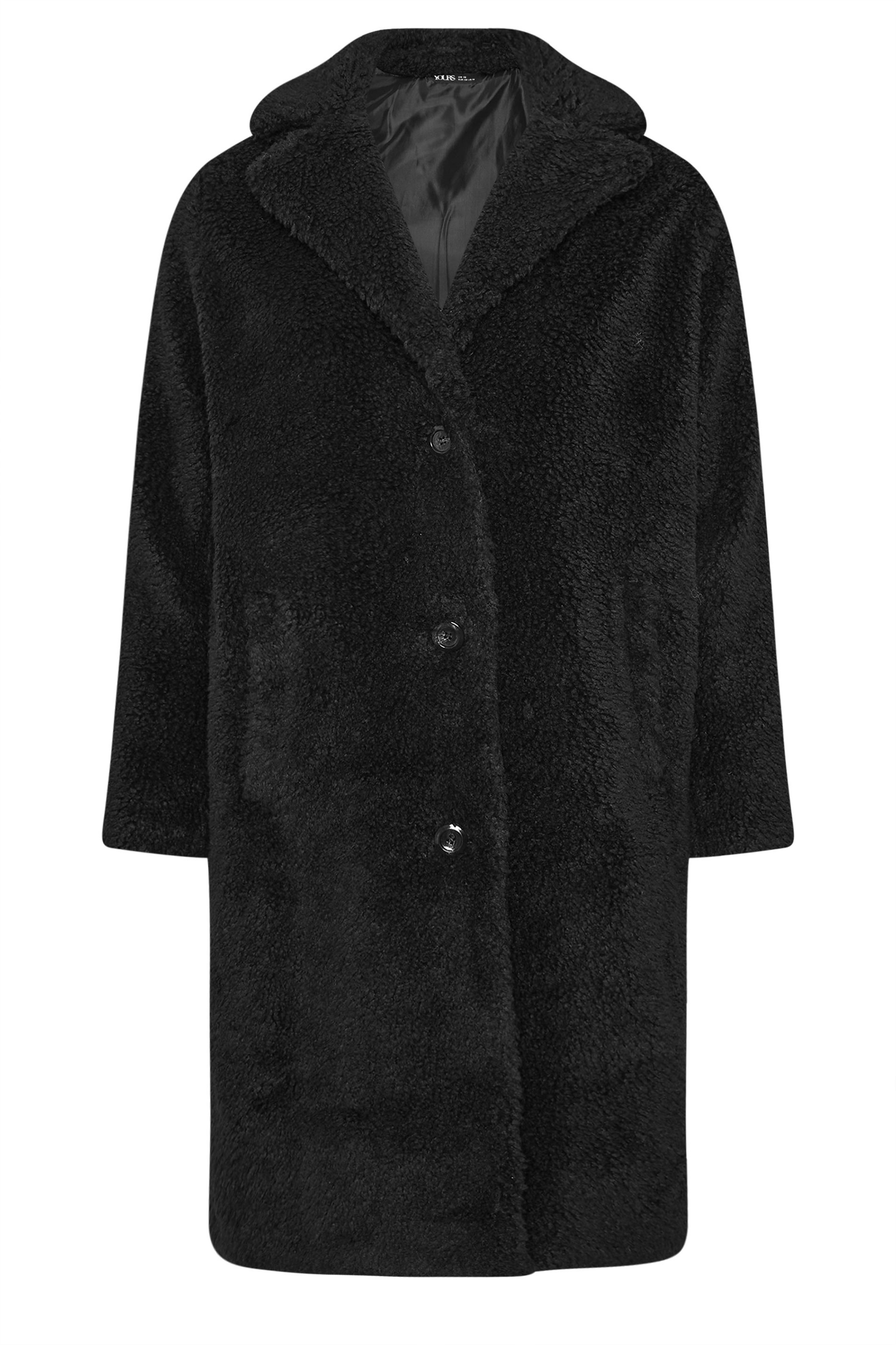YOURS Plus Size Black Teddy Borg Midi Coat | Yours Clothing 5