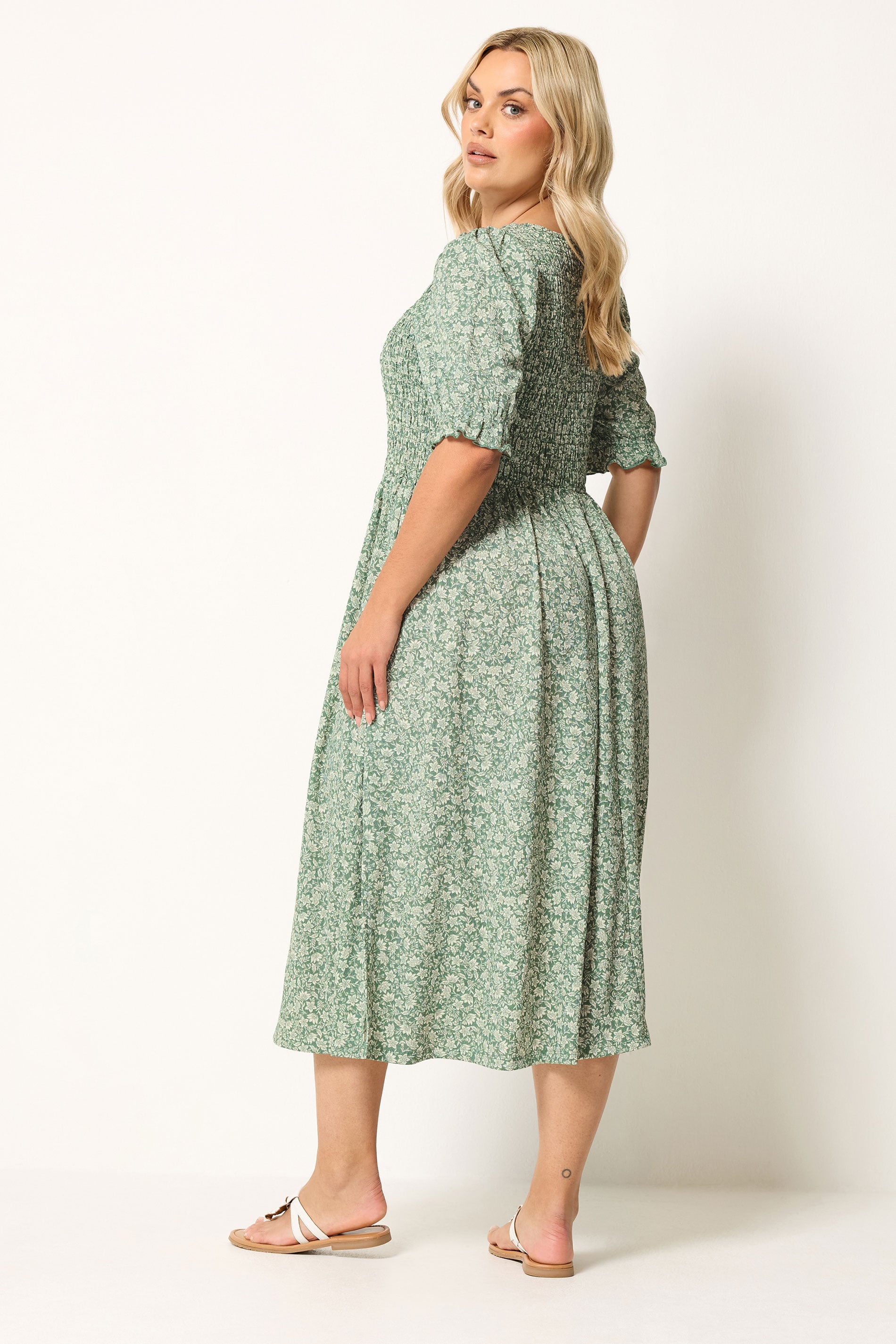 YOURS Plus Size Sage Green Shirred Ditsy Floral Dress | Yours Clothing 2