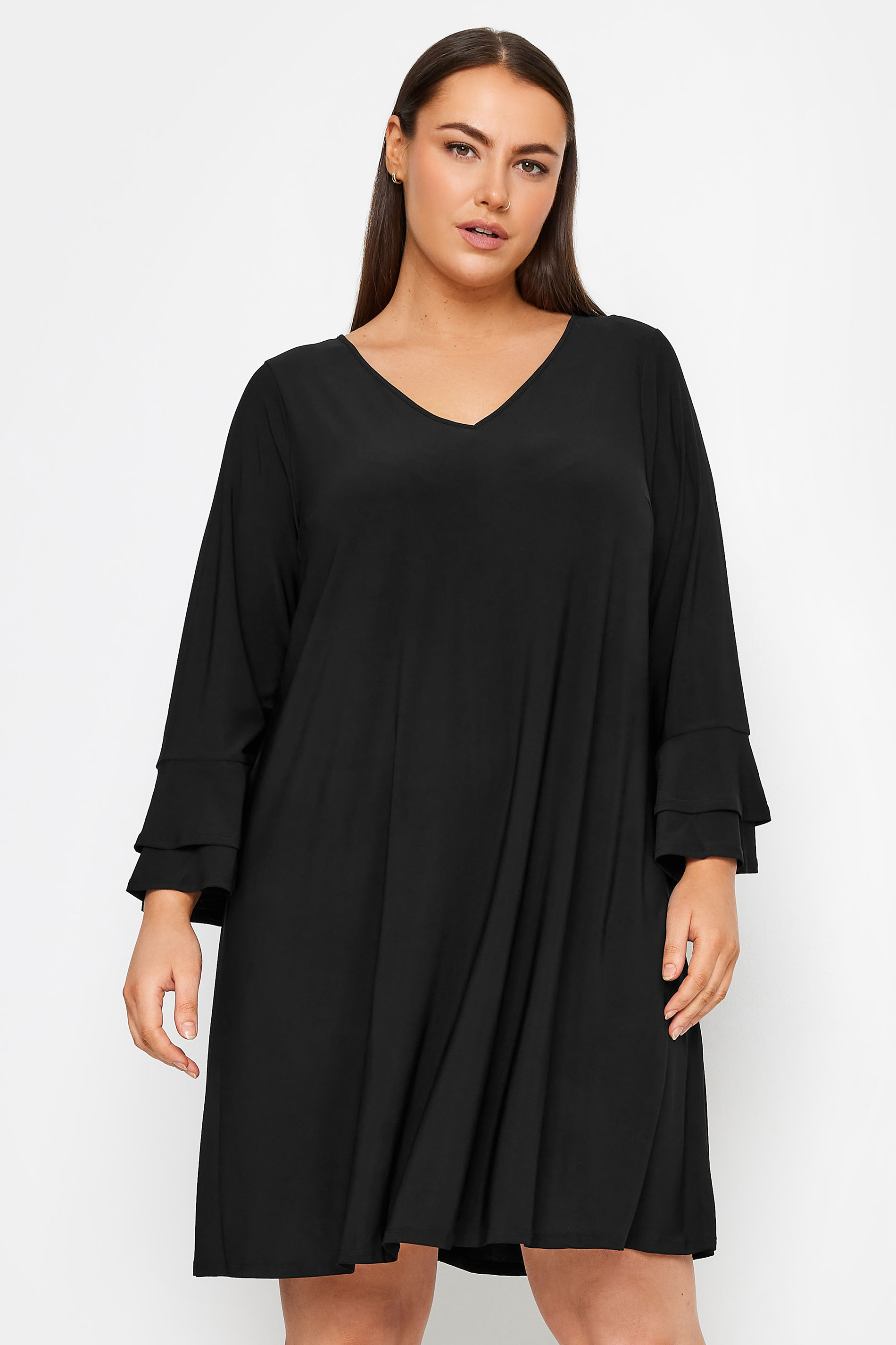 Frill Sleeve Black Plain Dress 1
