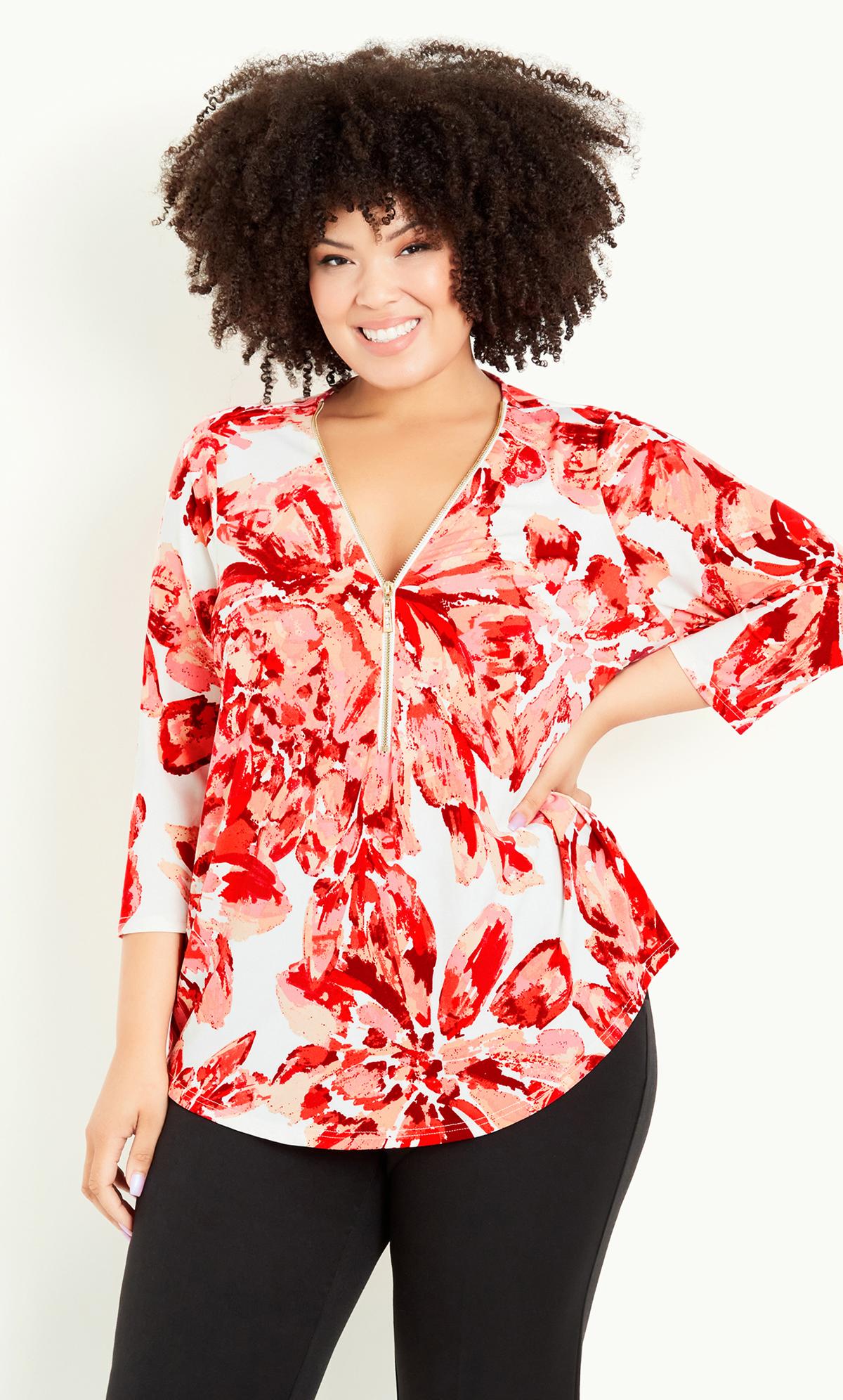 Avenue White & Red Floral Print Zip Neck Top 2