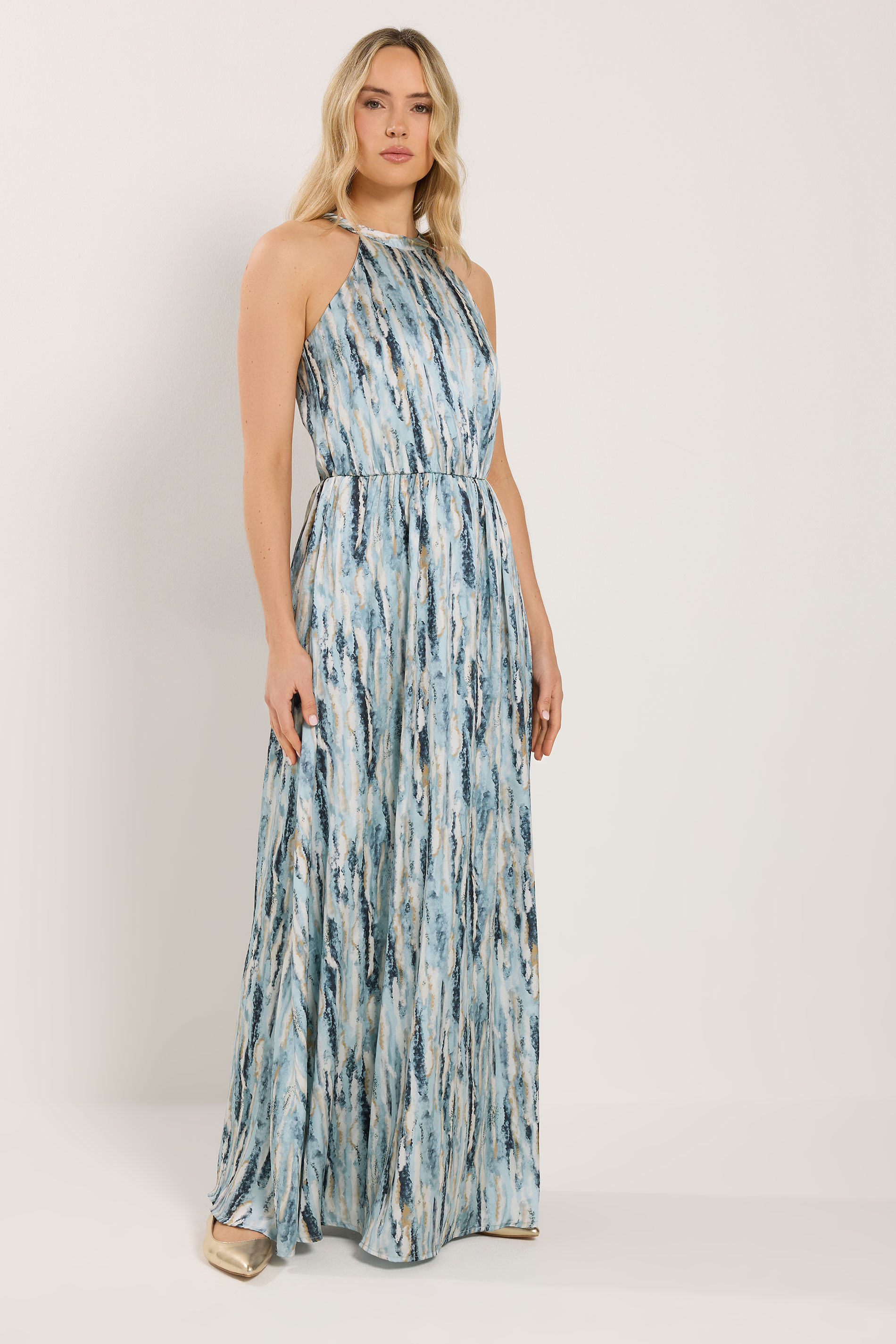 LTS Tall Women's Blue Abstract Satin Halter Neck Dress | Long Tall Sally 2