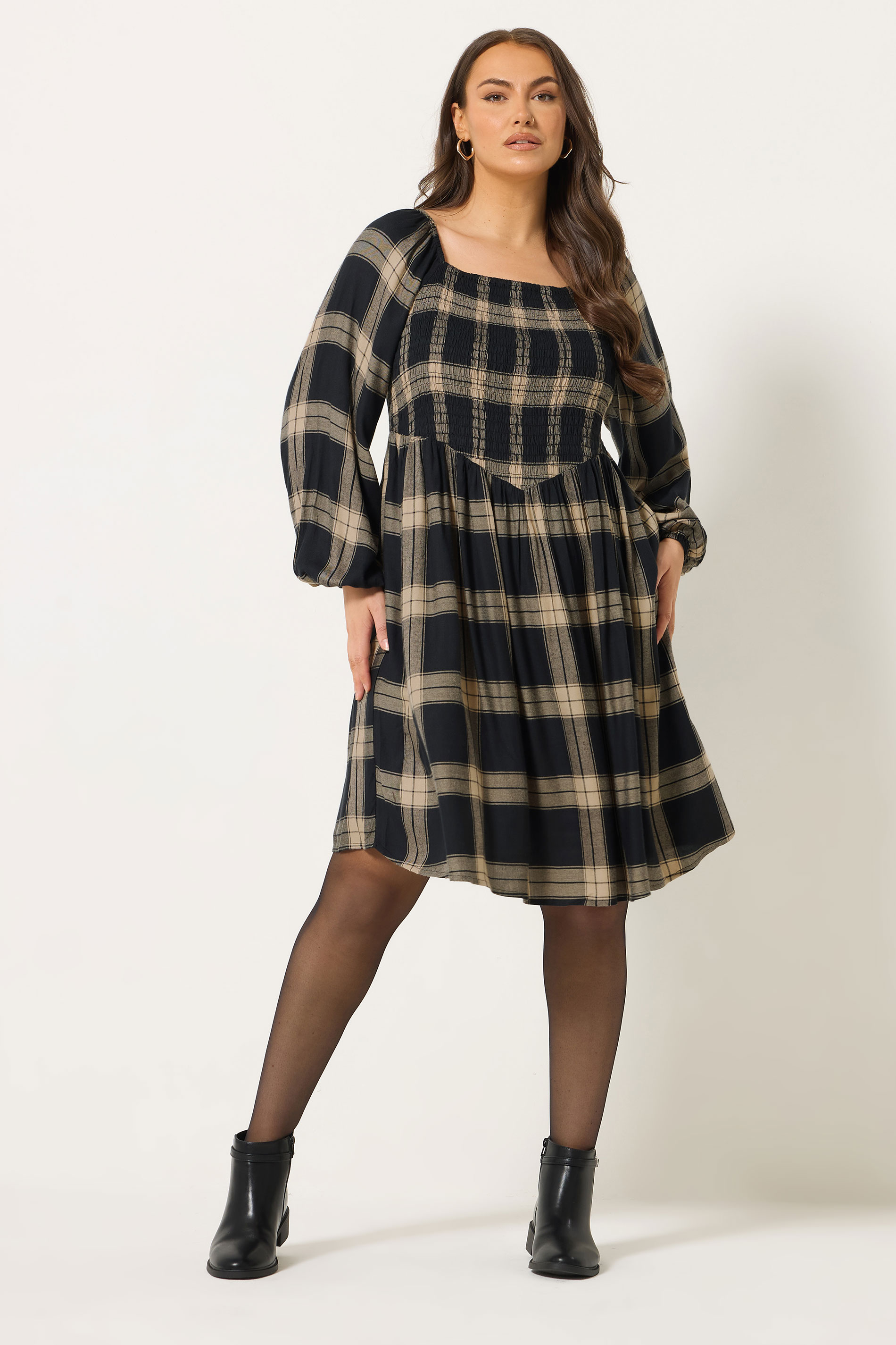YOURS Plus Size Black & Brown Check Shirred Mini Dress | Yours Clothing 1