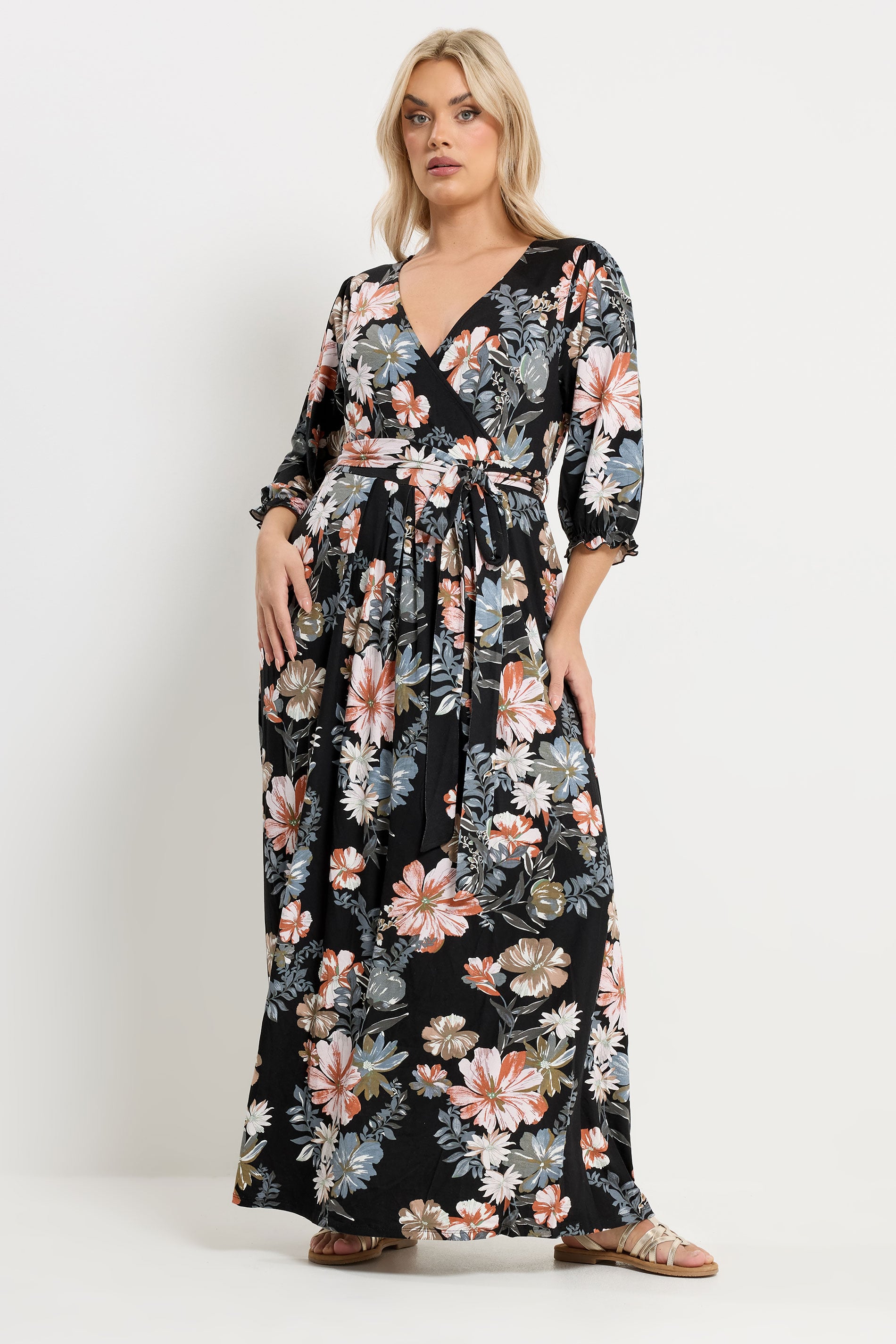 YOURS Plus Size Black Floral V-Neck Wrap Dress | Yours Clothing 3