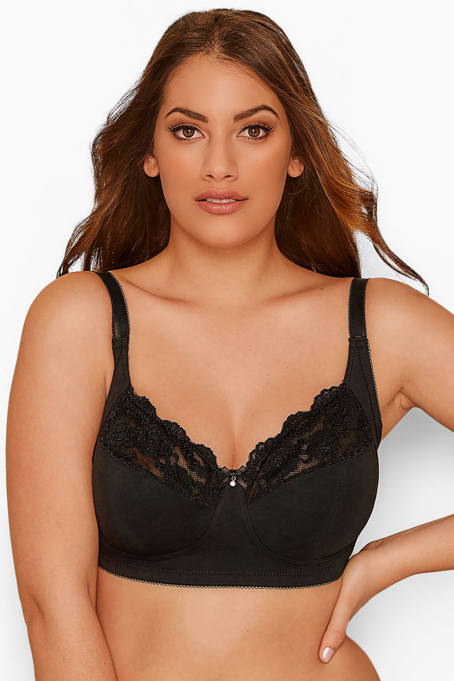 YOURS Plus Size Black Cotton Lace Trim Non-Padded Non-Wired Bralette | Yours Clothing 1