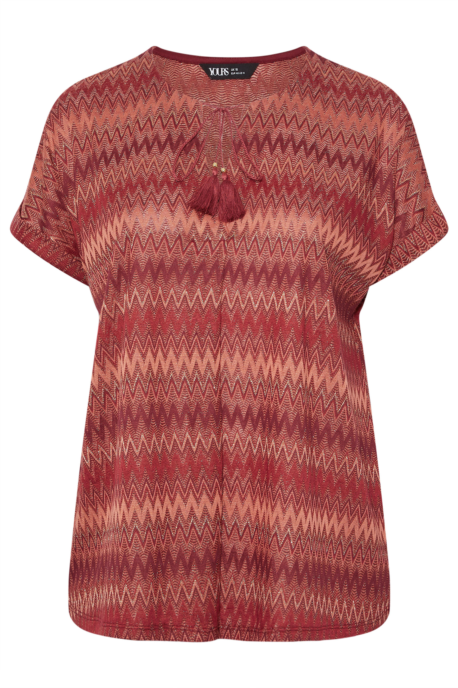 YOURS Plus Size Rust Orange Metallic Zig Zag Tie Neck Top | Yours Clothing 5