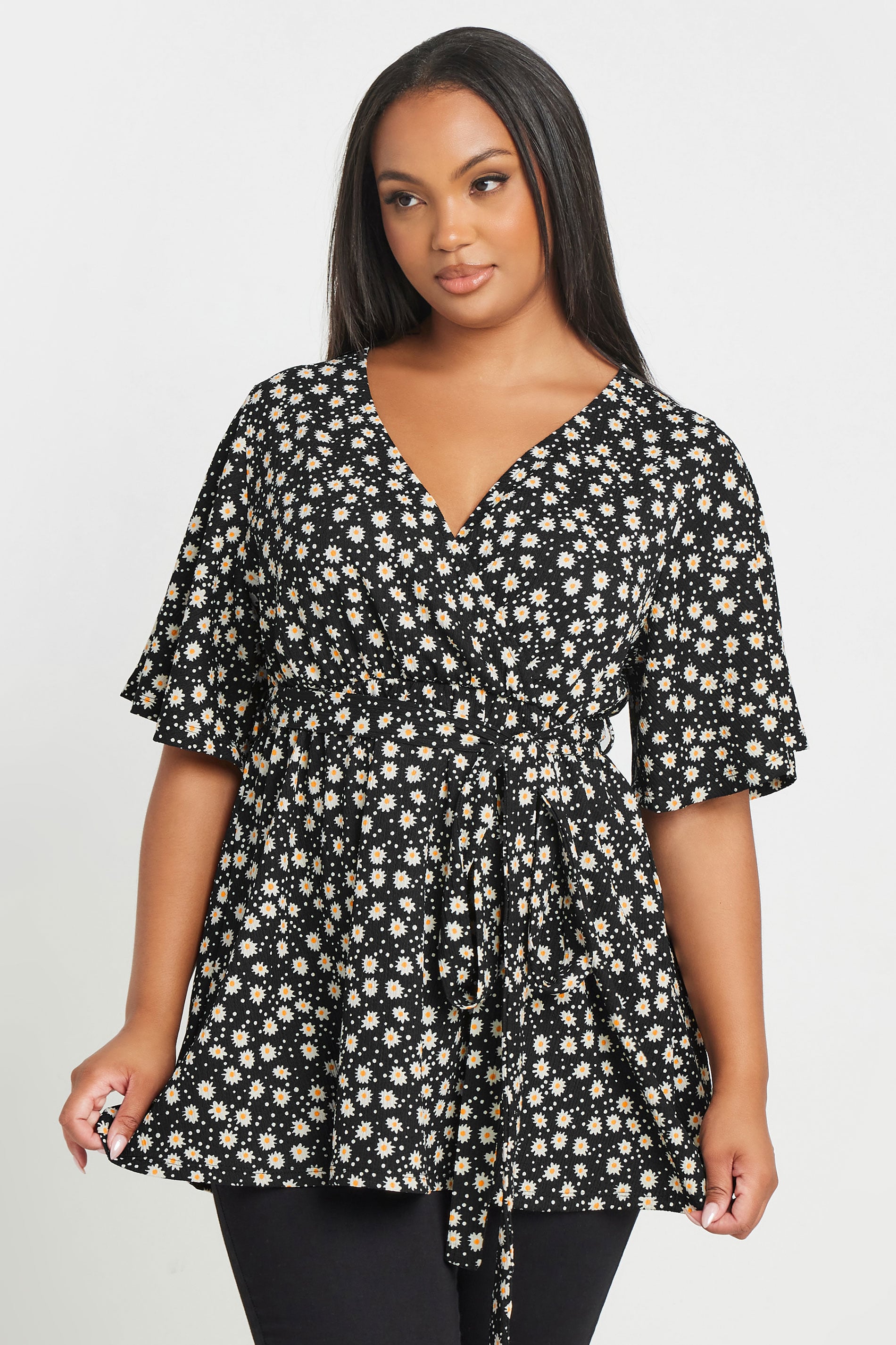 YOURS Plus Size Black Textured Floral Print Wrap Top | Yours Clothing 3