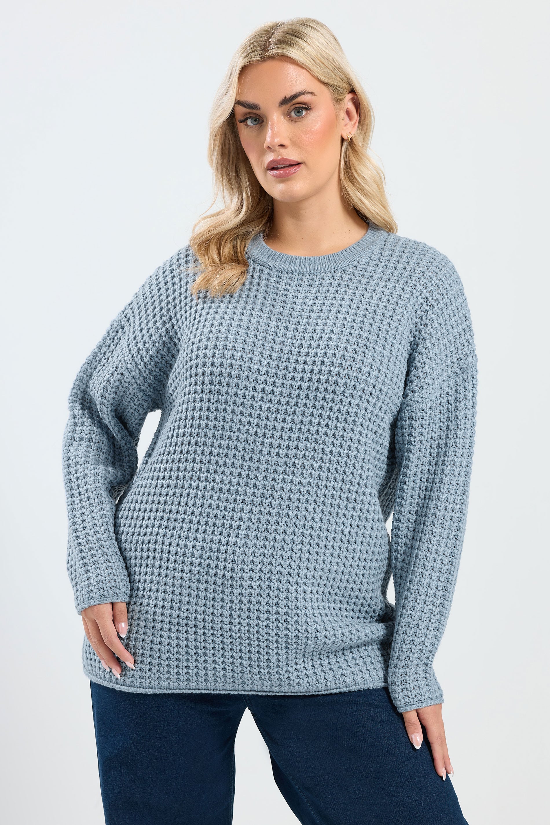 YOURS Plus Size Light Blue Waffle Knit Jumper | Yours Clothing 3