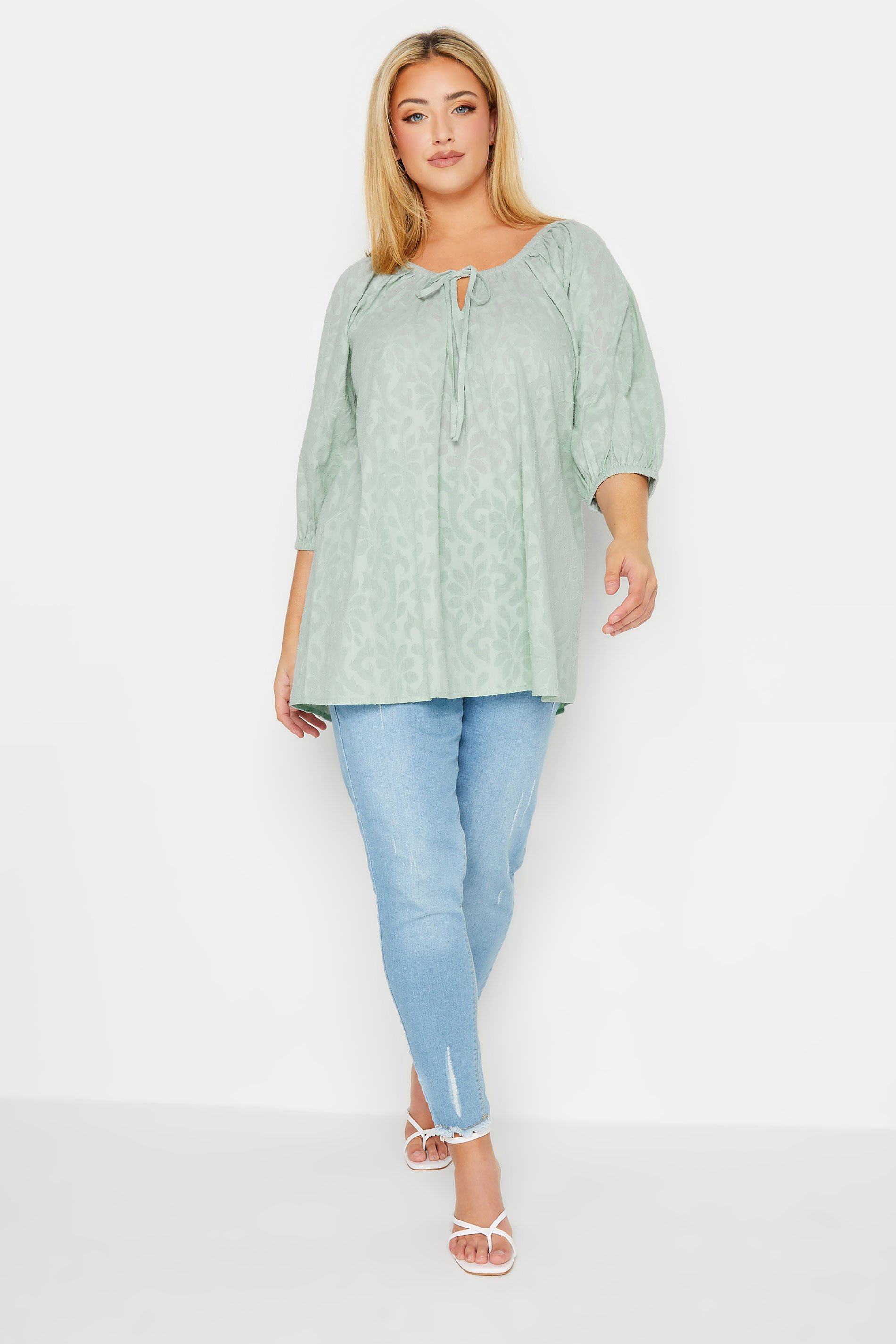 YOURS Plus Size Mint Green Tie Neck Textured Top | Yours Clothing 3