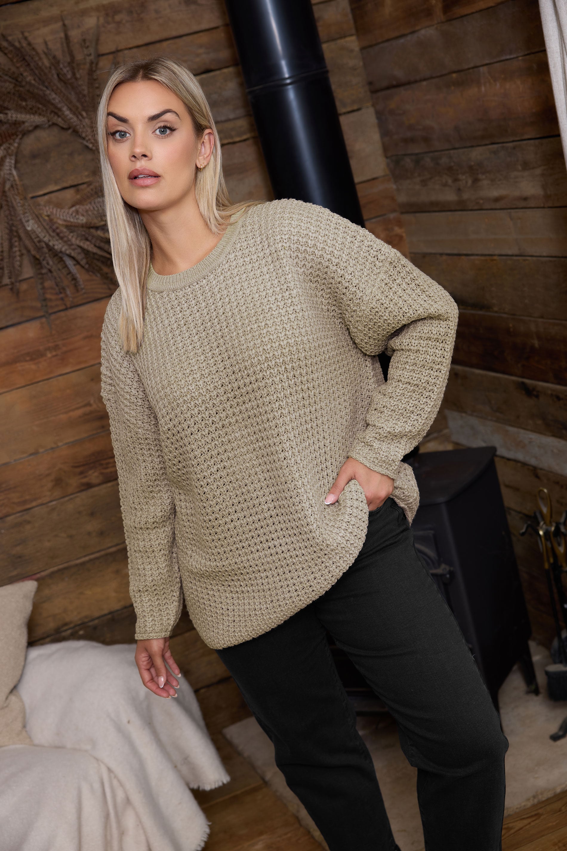 YOURS Plus Size Natural Brown Waffle Knit Jumper | Yours Clothing 1