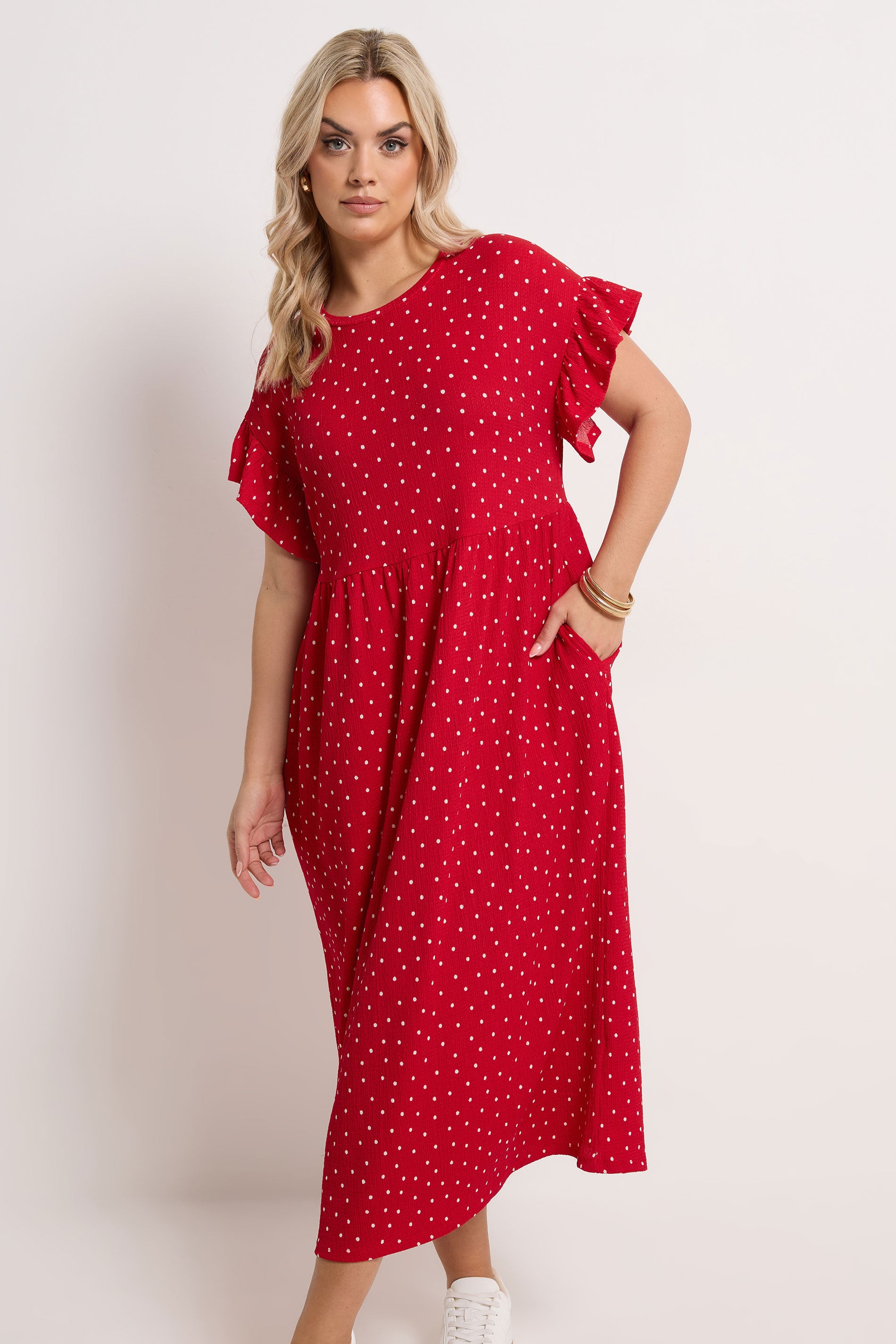 YOURS Plus Size Red Polka Dot Midaxi Dress | Yours Clothing 1
