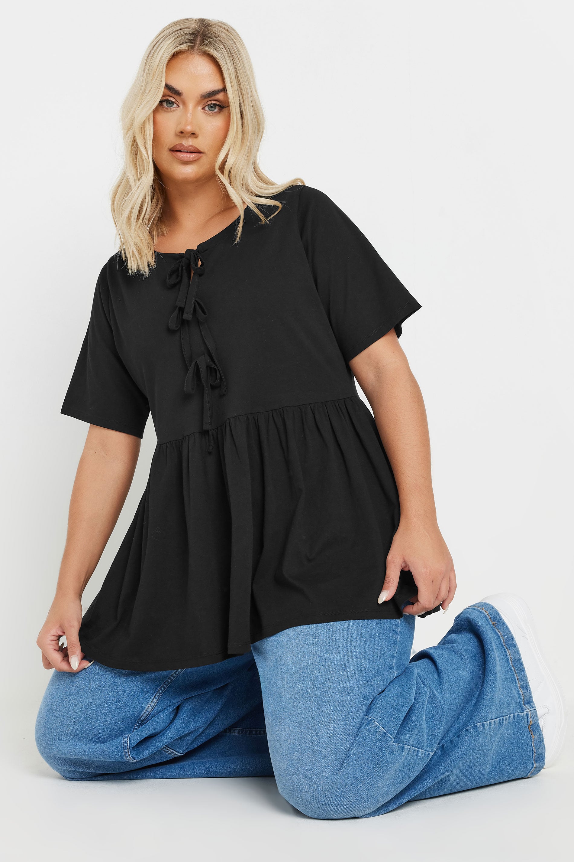YOURS Plus Size Black Bow Tie Front Peplum Top | Yours Clothing 3