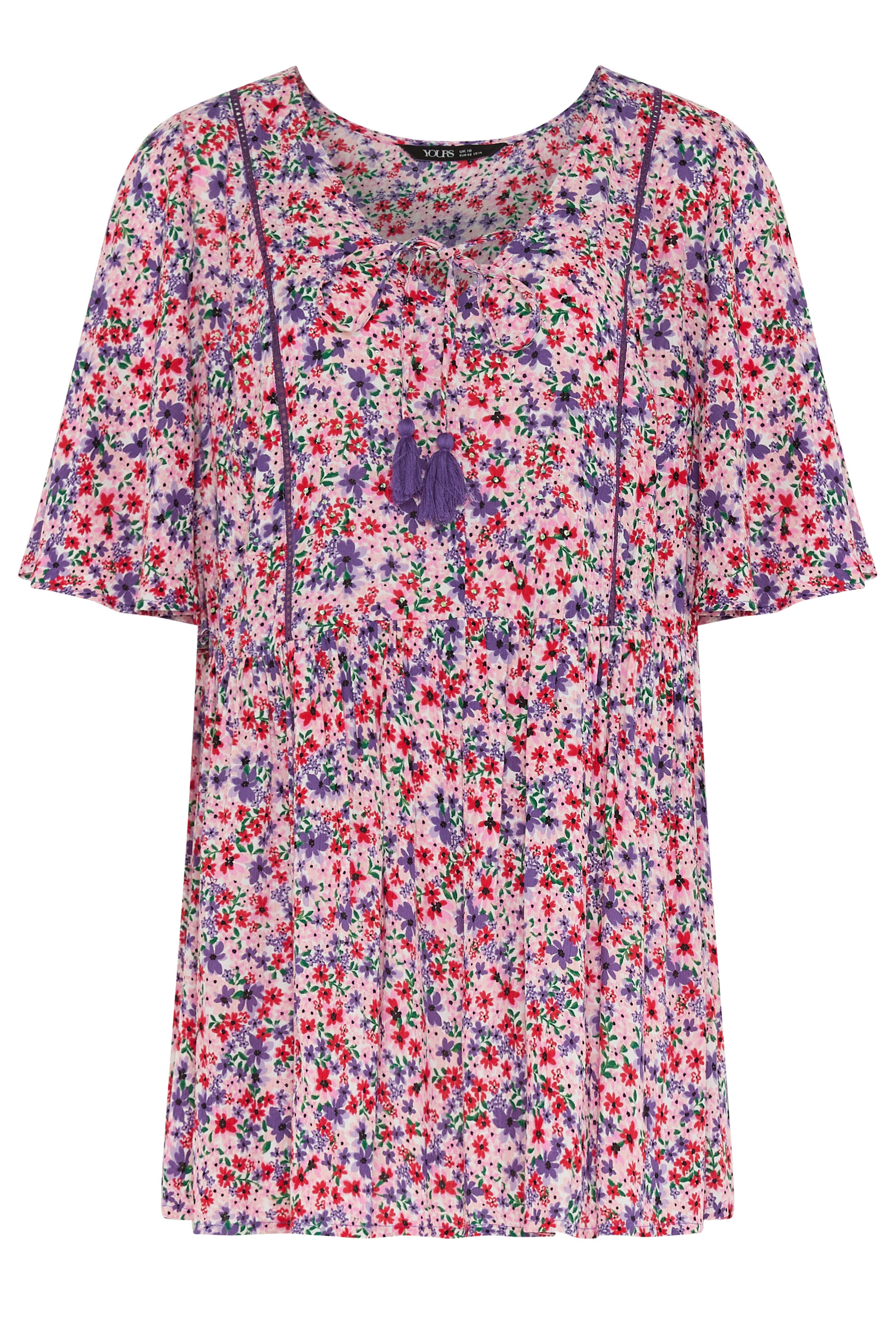YOURS Plus Size Ditsy Pink Tie Neck Top | Yours Clothing 5