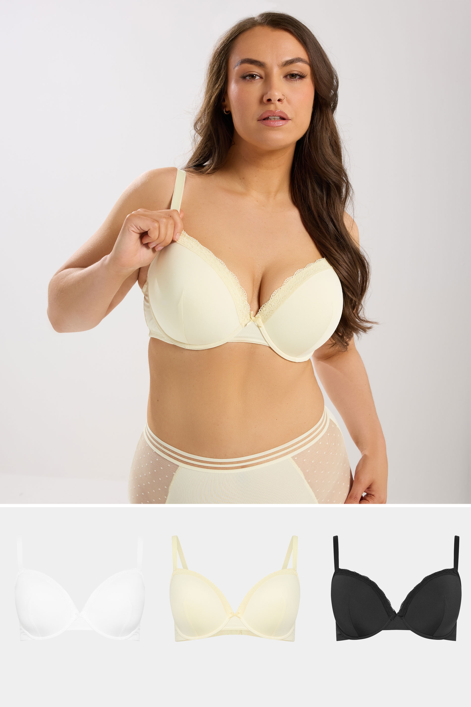 YOURSET 3 PACK Plus Size Black & Yellow Moulded Underwired T-Shirt Bras | Yours Clothing 1