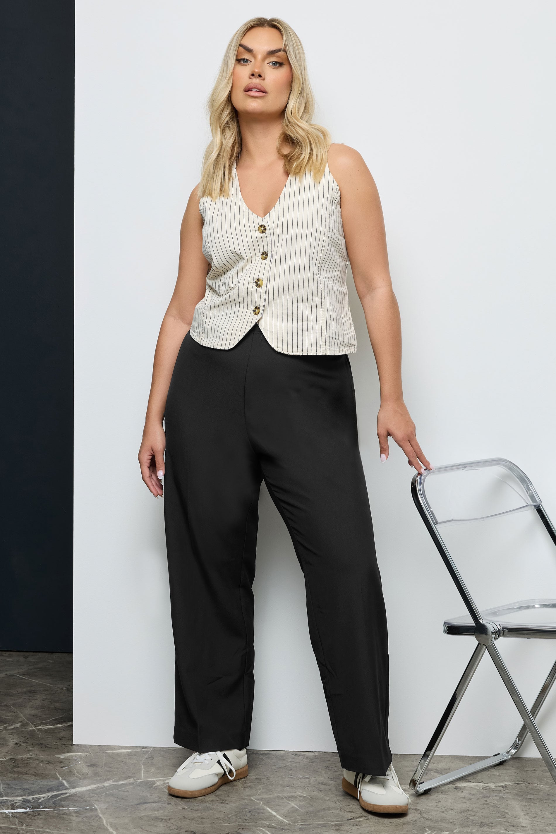 Plus Size Black Elasticated Stretch Straight Leg Trousers | Yours Clothing 1