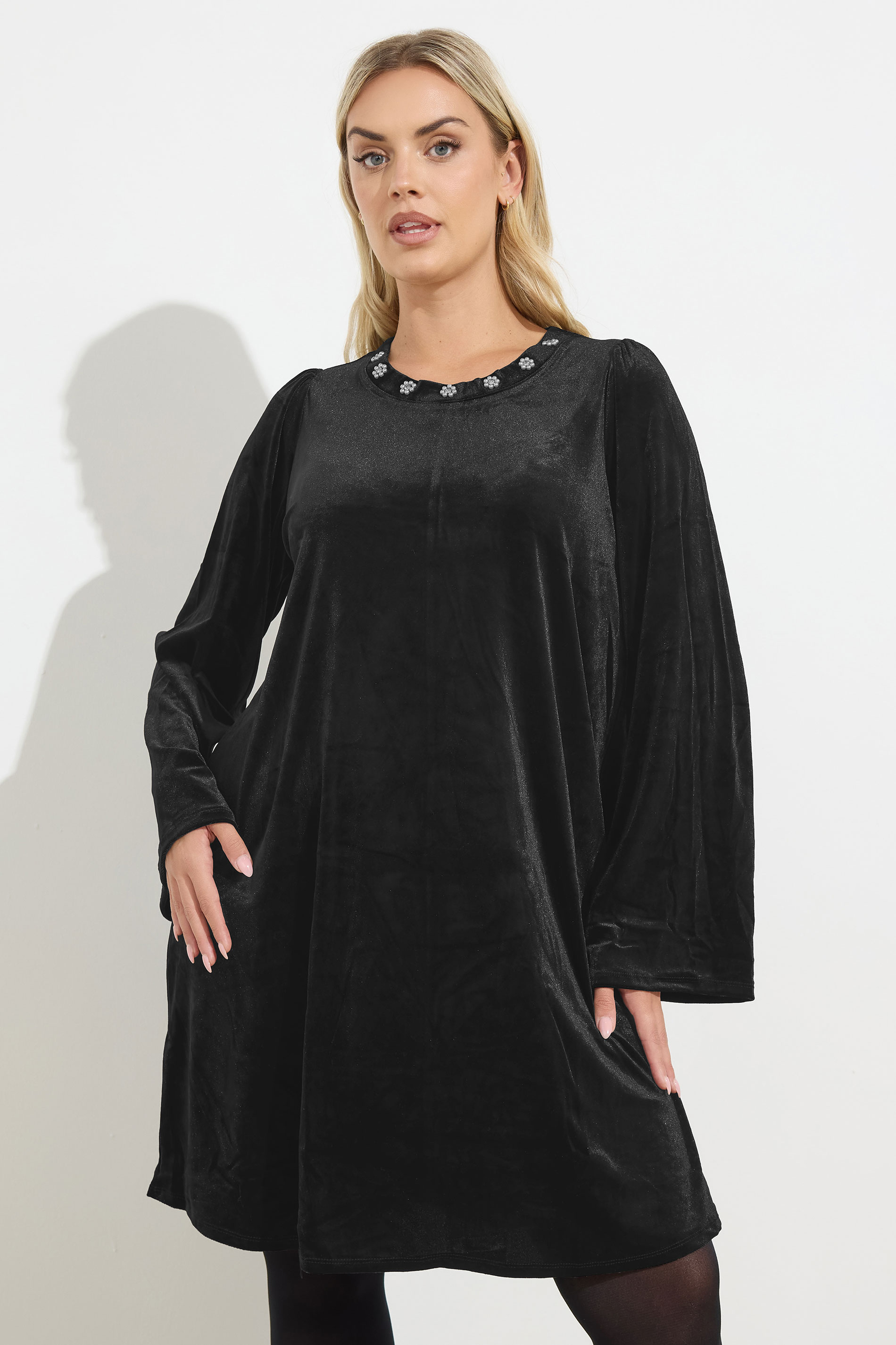 YOURS Plus Size Black Velour Embellished Shift Dress | Yours Clothing 3