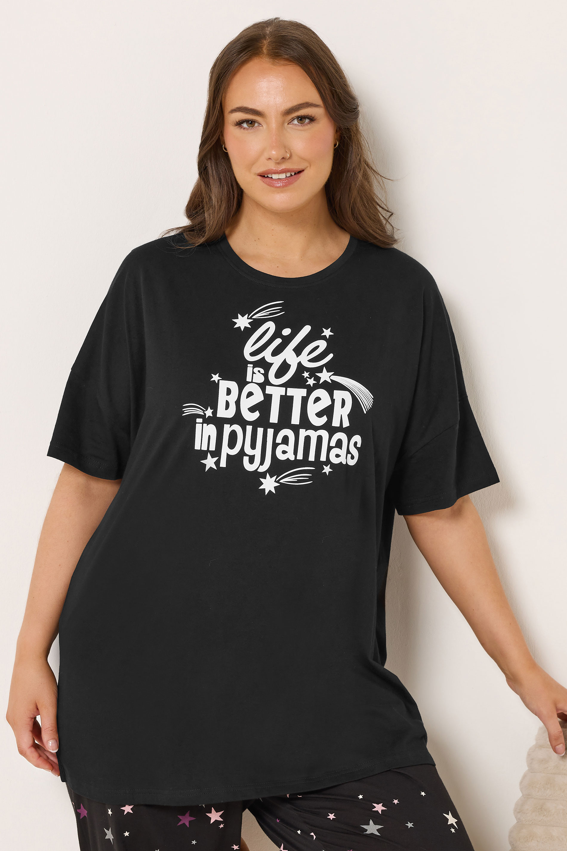 YOURS Plus Size Black 'Life Is Better In Pyjamas' Slogan Pyjama Top | Yours Clothing 3