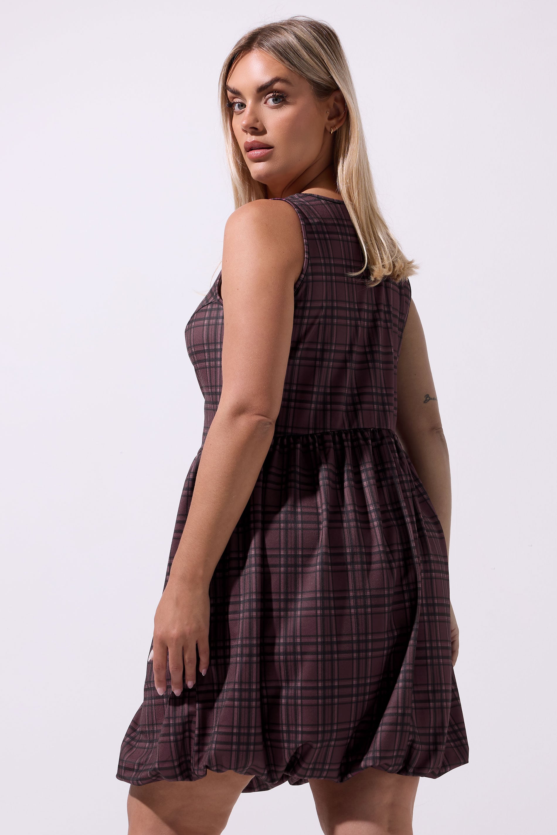 LIMITED COLLECTION Plus Size Burgundy Red Check Puffball Mini Dress | Yours Clothing 4