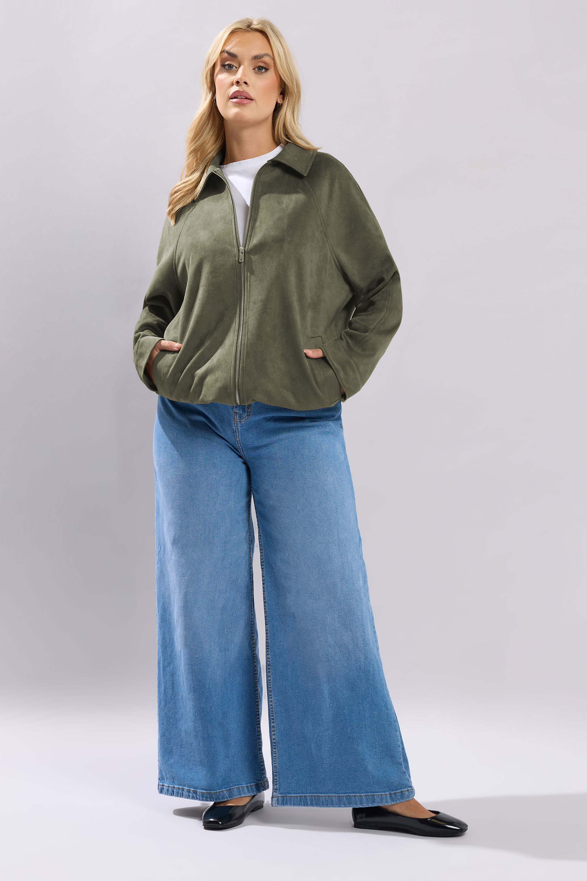 YOURS Plus Size Khaki Green Faux Suede Bomber Jacket | Yours Clothing 6