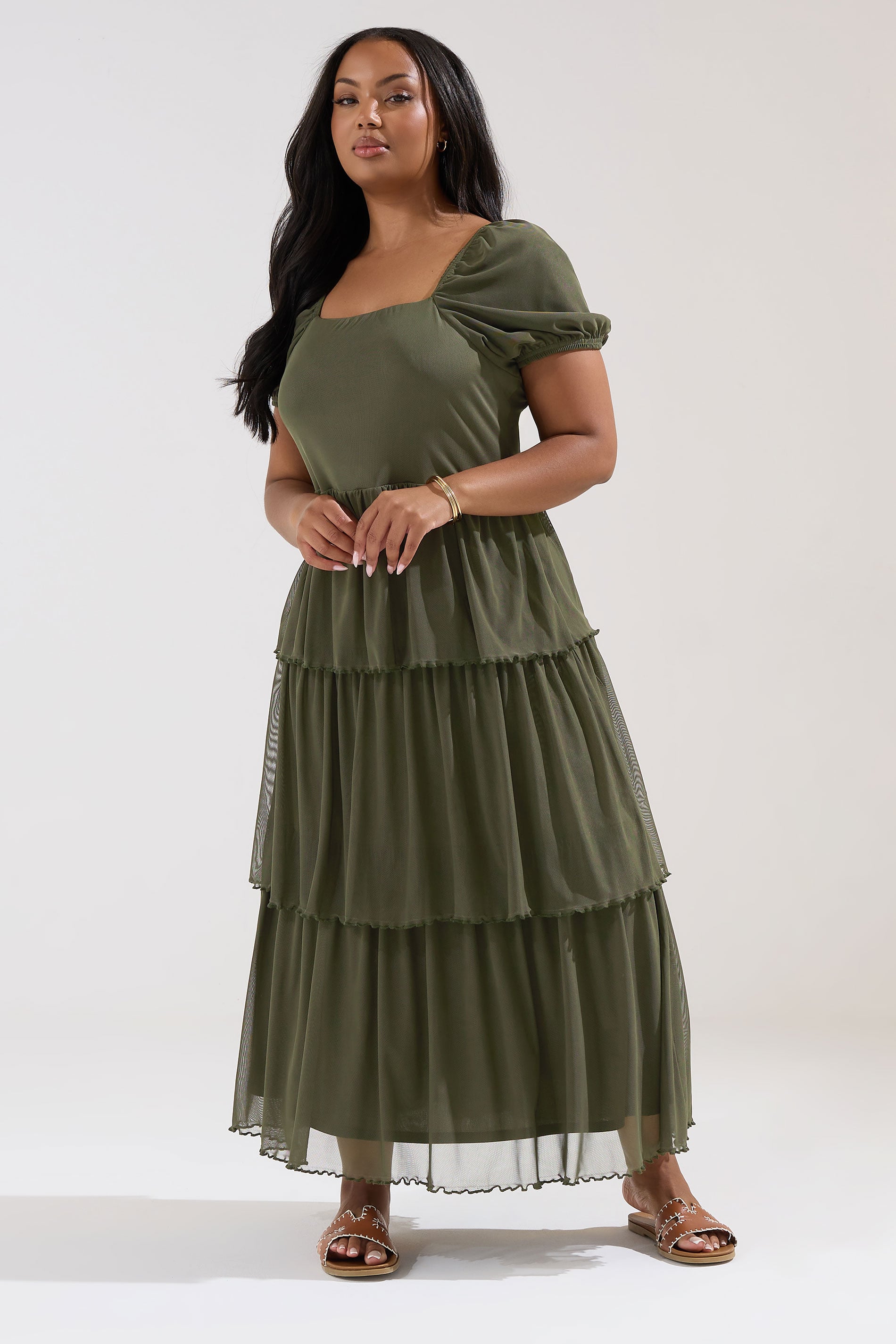 YOURS Plus Size Khaki Green Tiered Maxi Dress | Yours Clothing 3