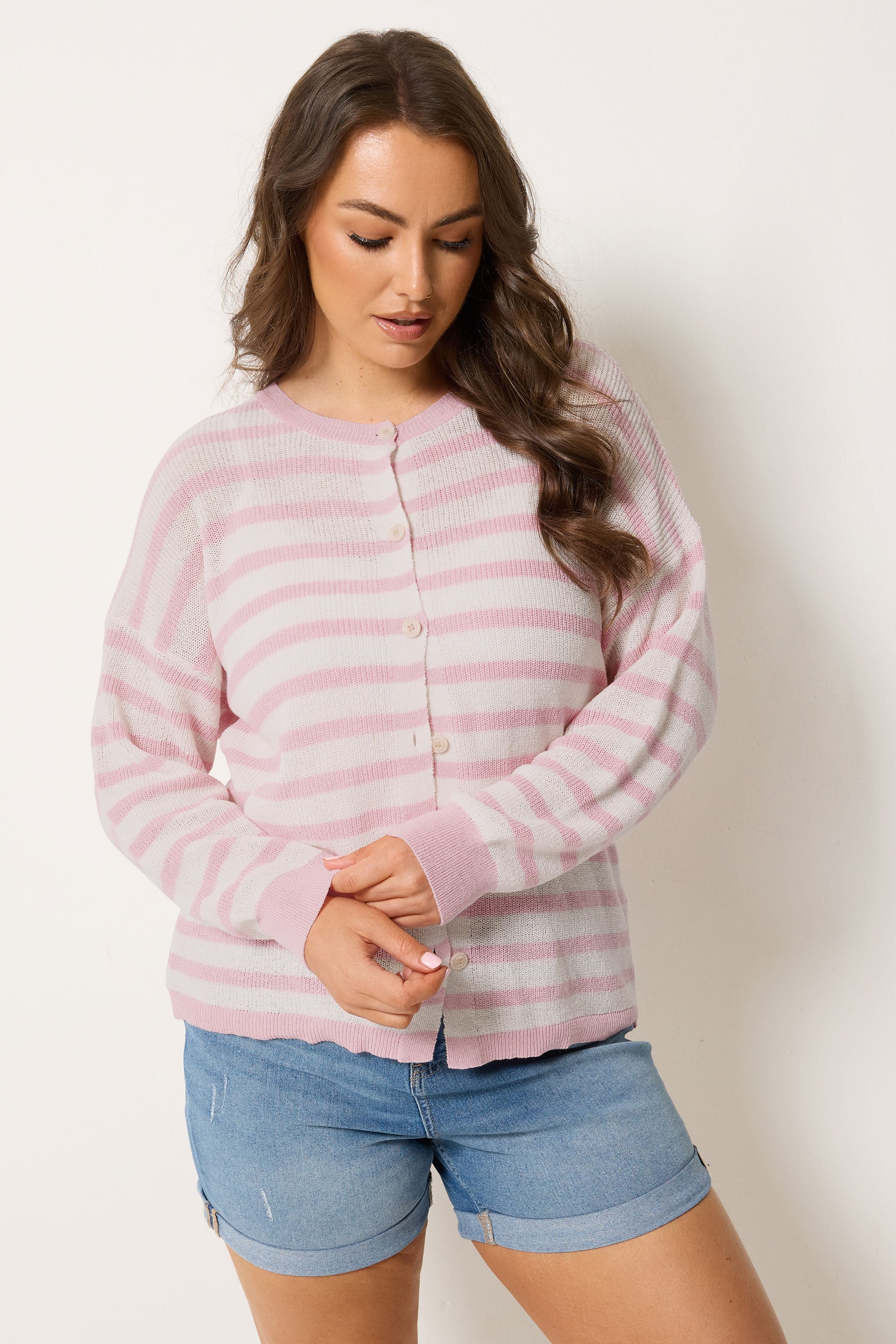 YOURS Plus Size Pink Stripe Knitted Cardigan | Yours Clothing 3