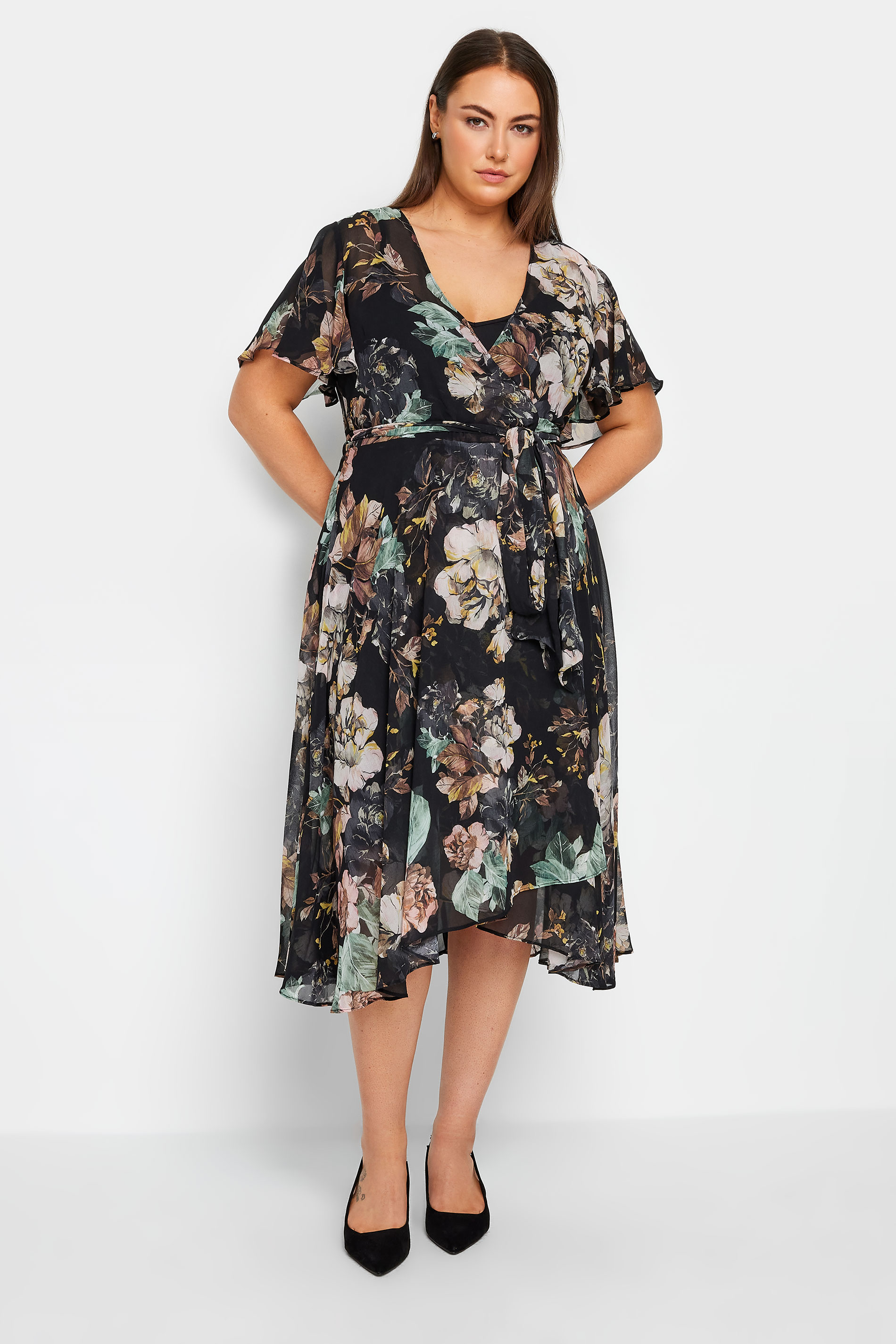 City Chic Black Floral Wrap Midi Dress | Evans