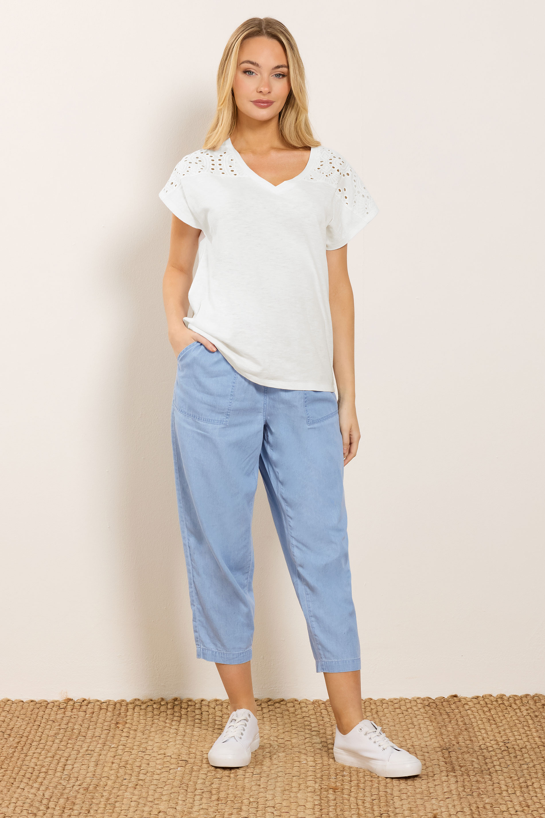 M&Co White Broderie V-Neck Cotton T-Shirt | M&Co  1