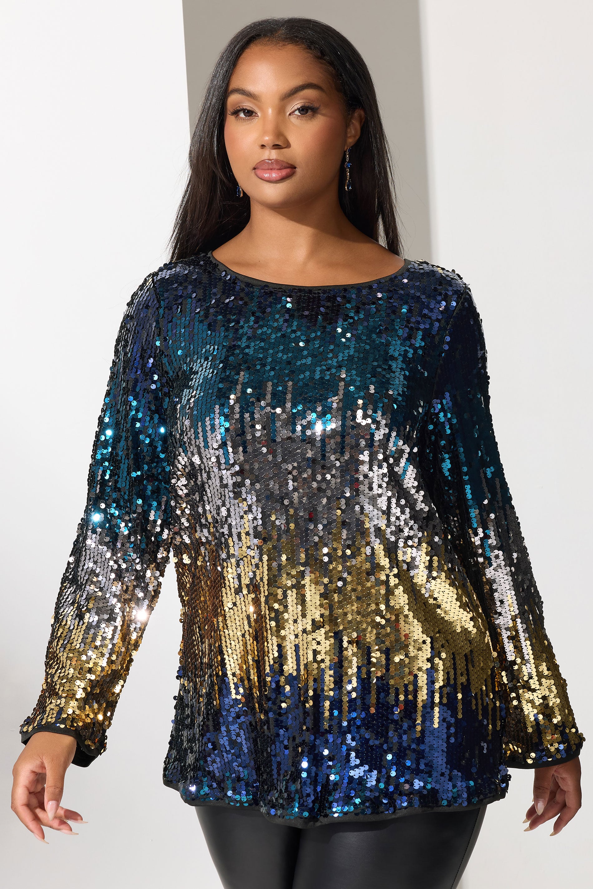 YOURS LONDON Plus Size Blue Bow Back Ombre Sequin Top | Yours Clothing 3