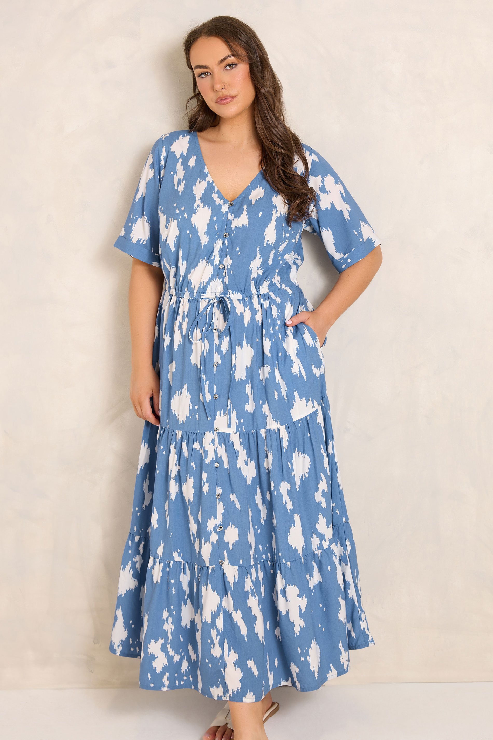 EVANS Plus Size Blue Abstract Print Tie Waist Dress | Evans 1