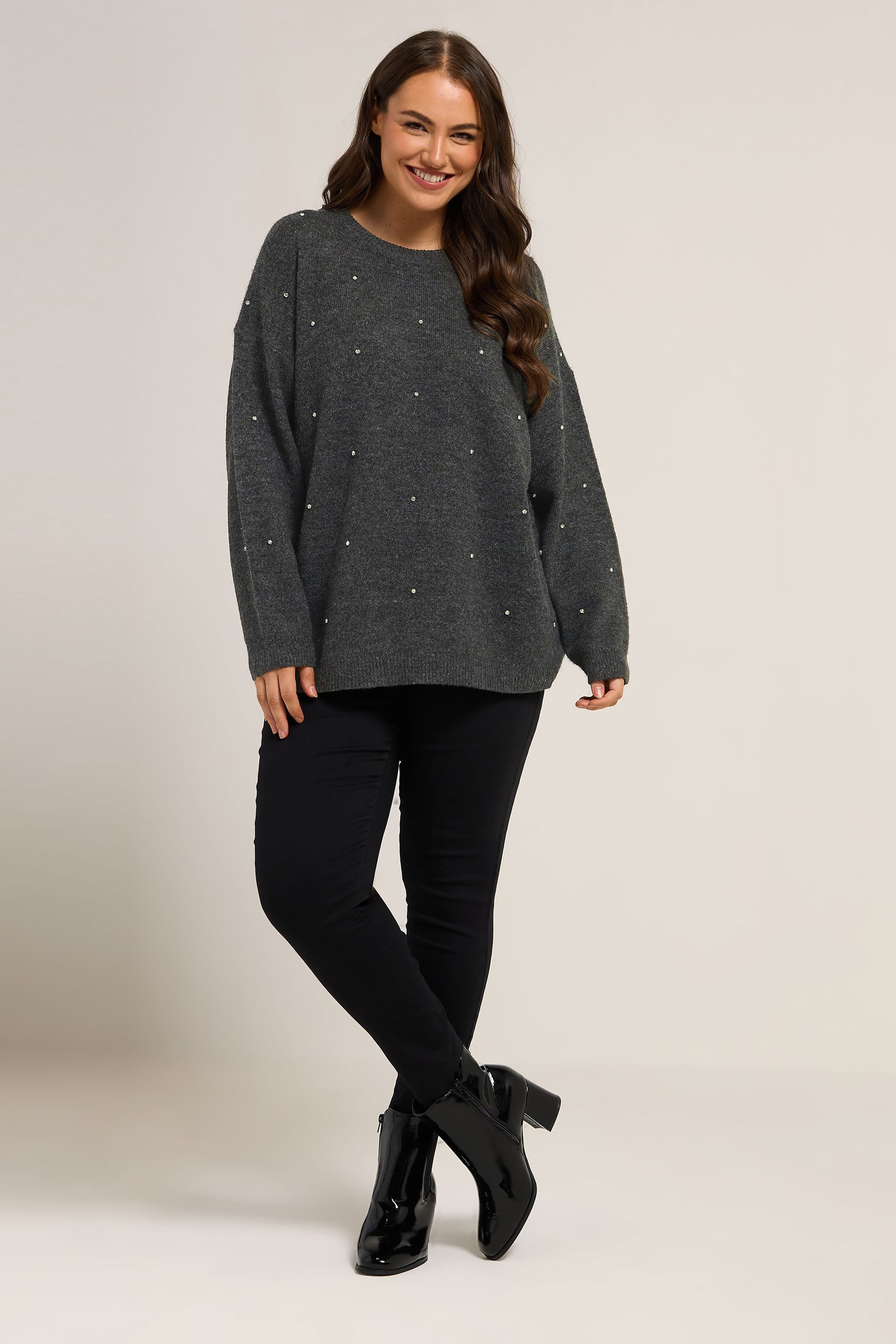 YOURS Plus Size Grey Embellished Front Jumper | Yours Clothing 1