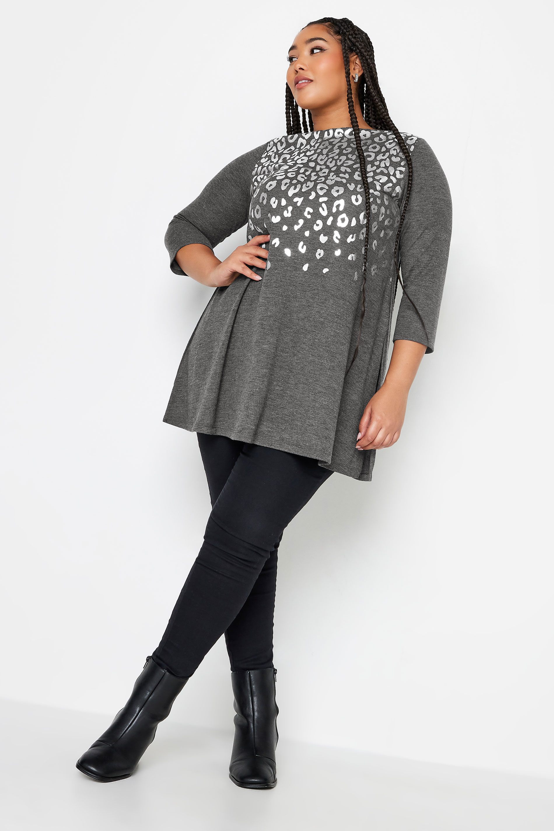 YOURS Plus Size Grey Foil Leopard Print Top | Yours Clothing 2