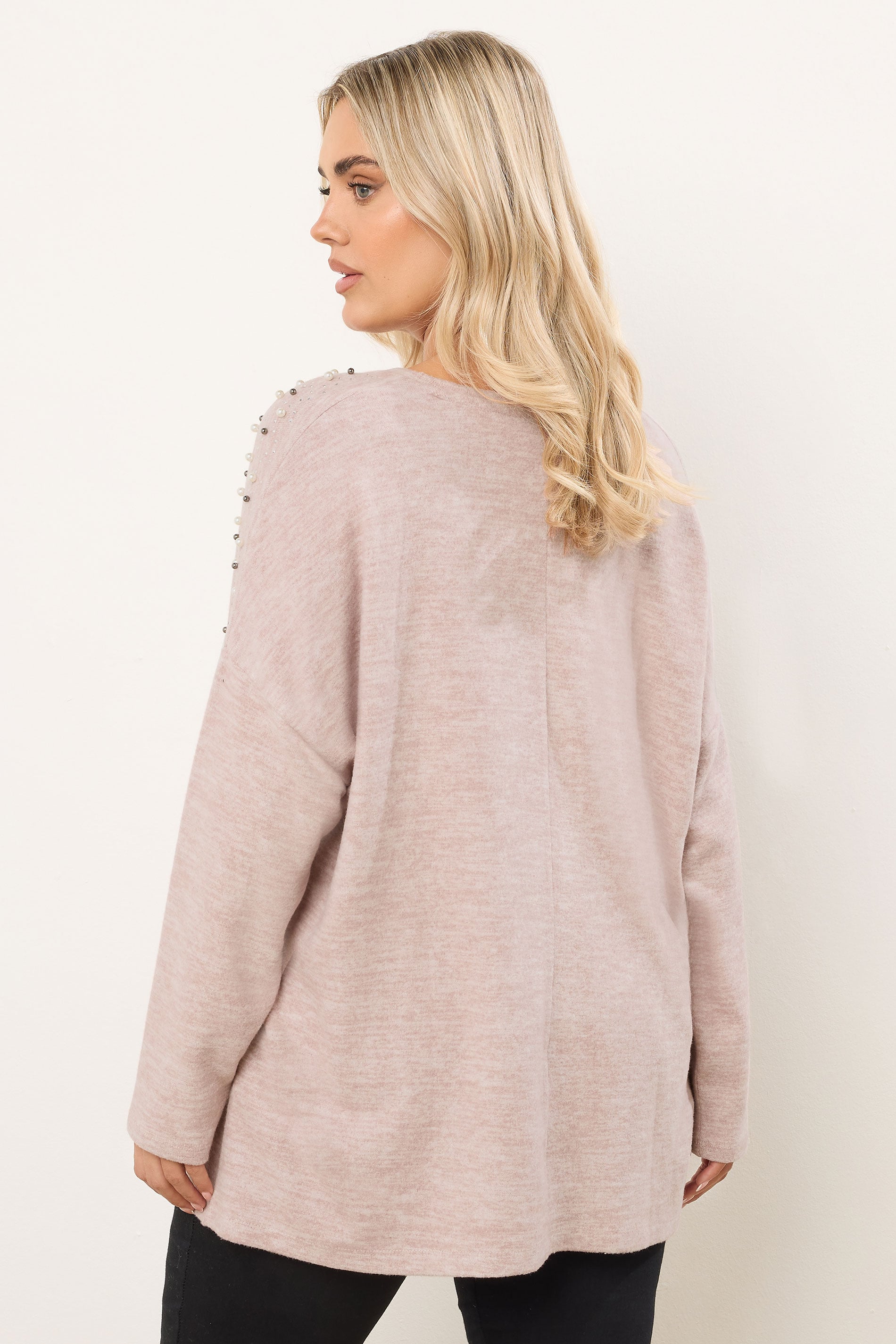 YOURS Plus Size Pink Pearl Embellished Soft Touch Jumper | Yours Clothing 2