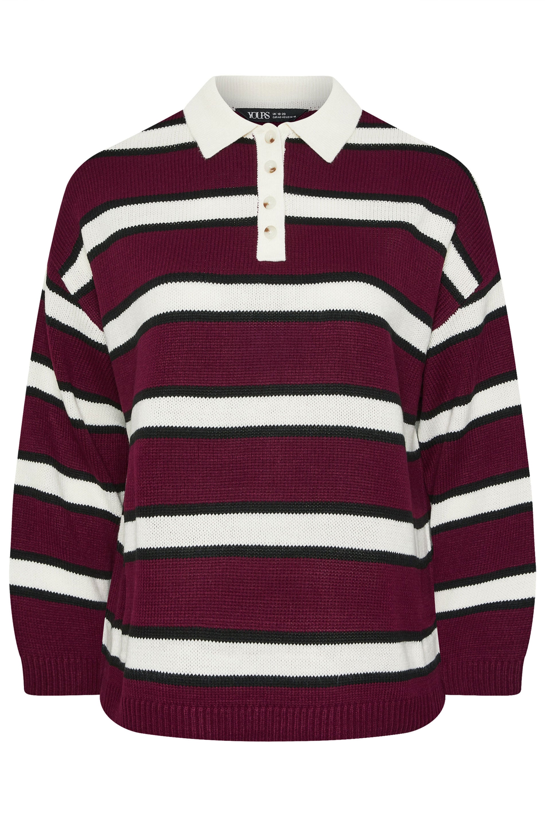 YOURS Plus Size Burgundy Red Striped Rugby Collar Jumper | Yours Clothing 6