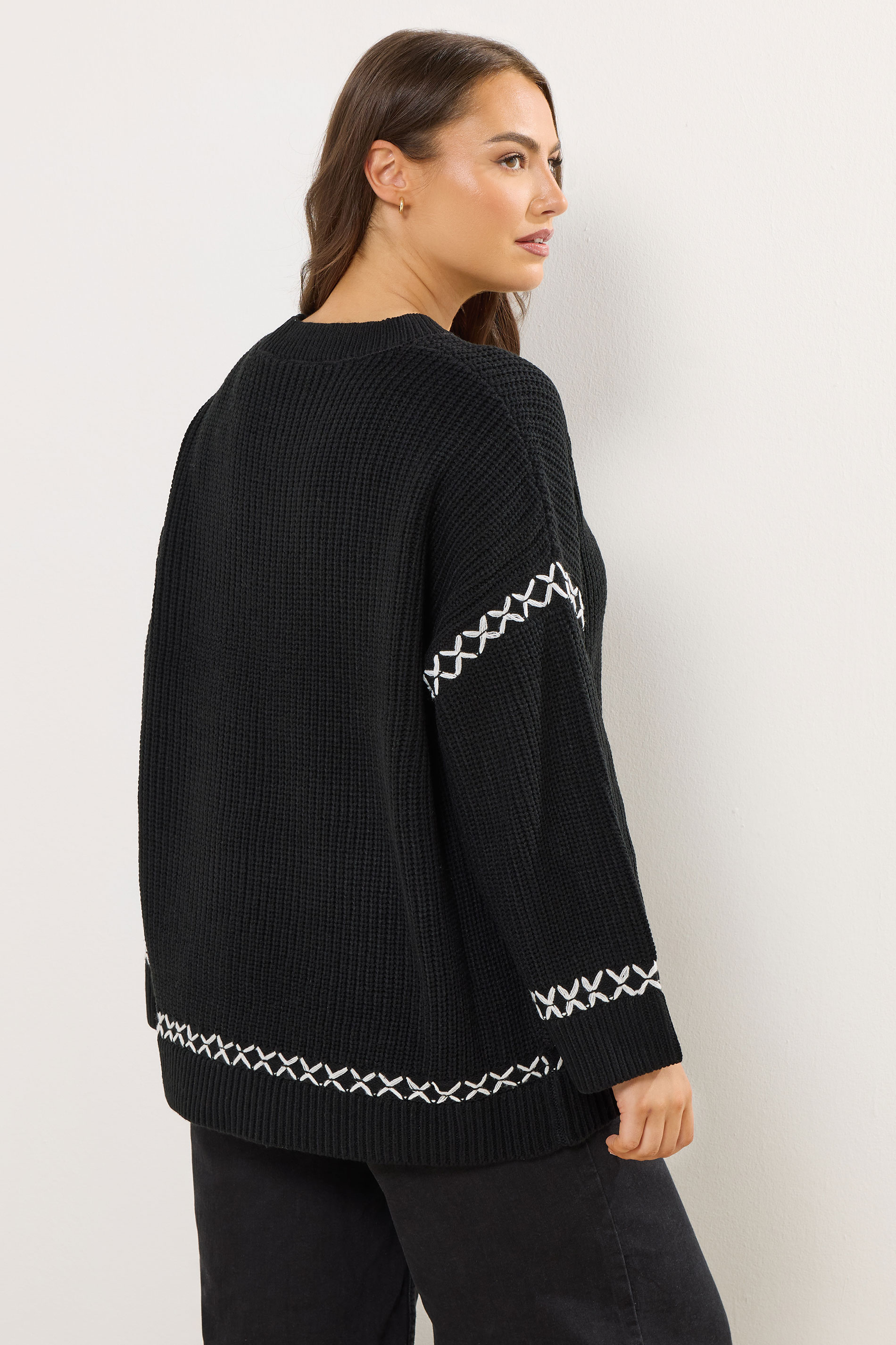 YOURS Plus Size Black Blanket Stitch Jumper | Yours Clothing 2