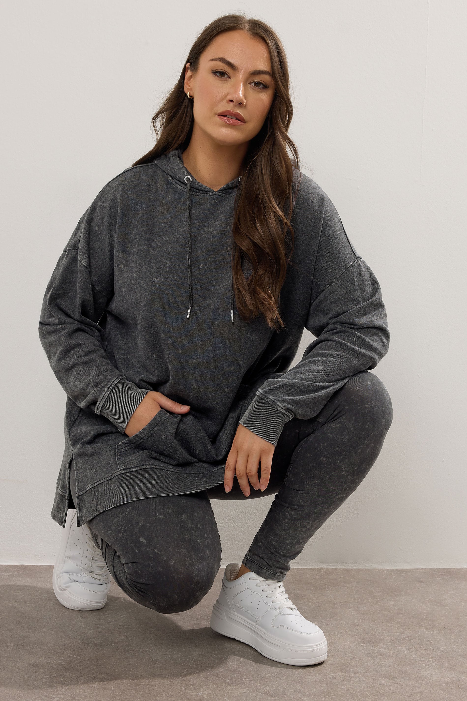 YOURS Plus Size Black Acid Wash Longline Hoodie | Yours Clothing 3