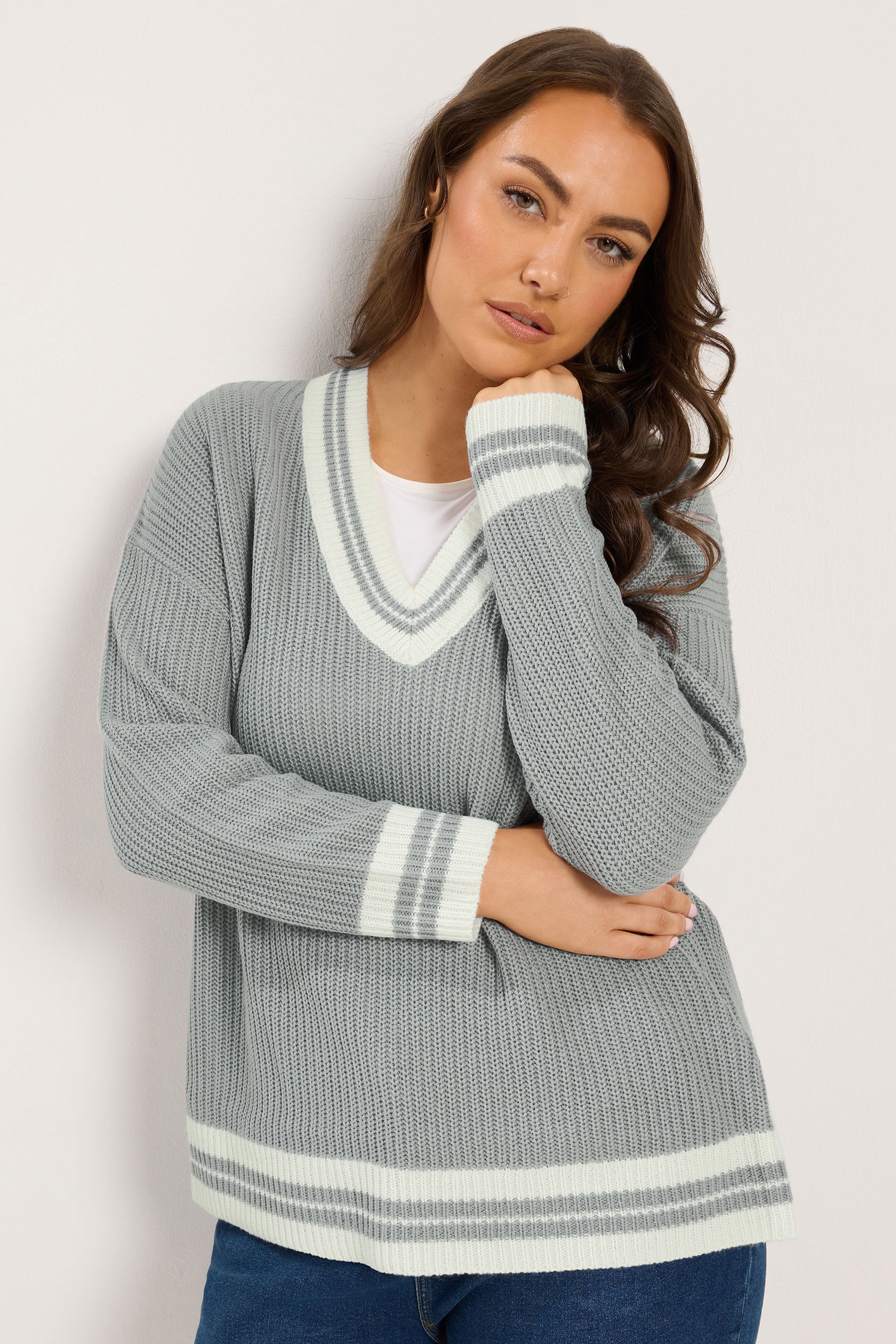 YOURS Plus Size Grey & White Knitted Tennis Jumper | Yours Clothing 3