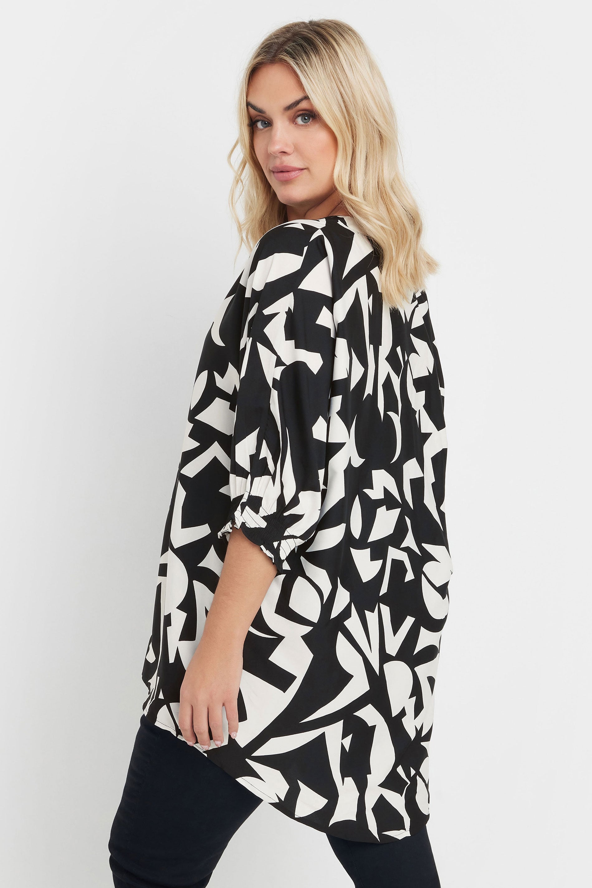 YOURS Plus Size Black & White Abstract V-Neck Shirt | Yours Clothing 2
