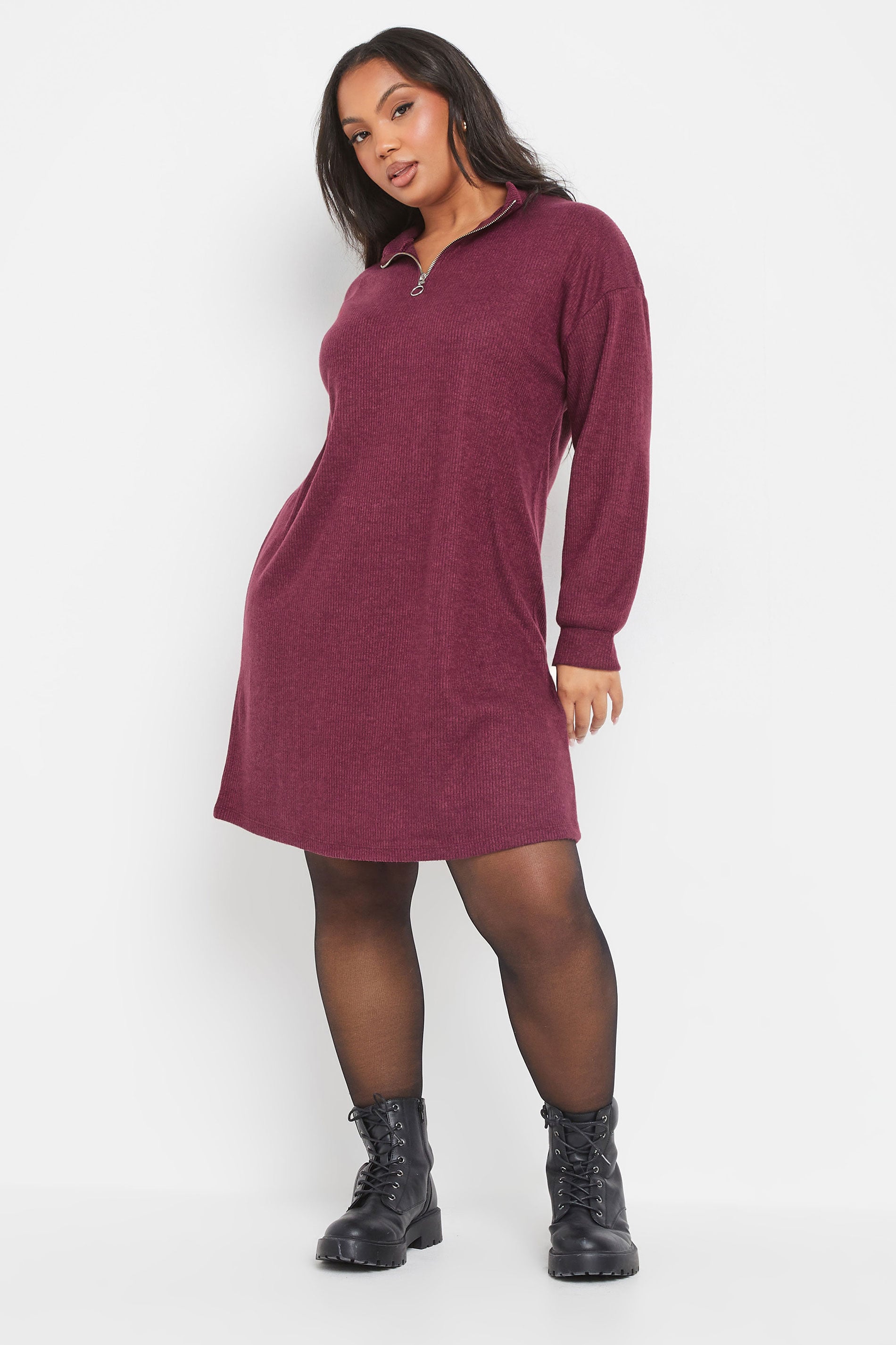 YOURS Plus Size Dark Pink Zip Neck Ribbed Jumper Dress | Yours Clothing 3