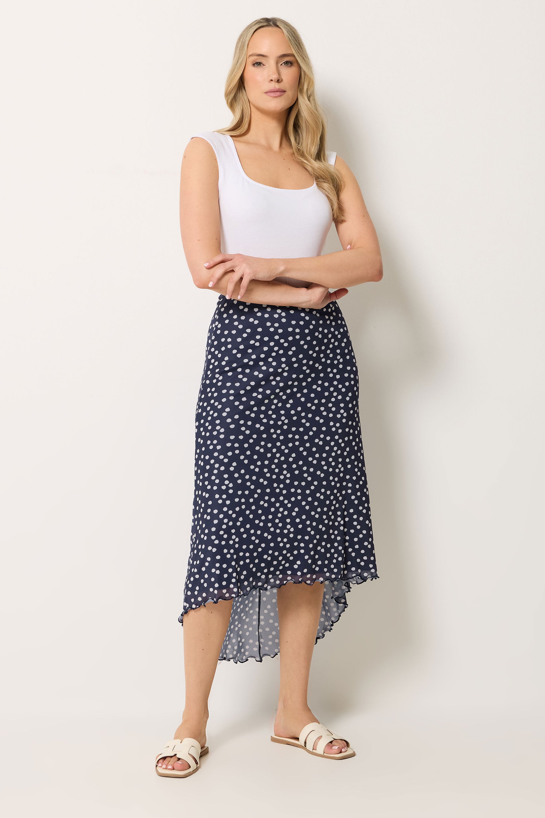LTS Tall Women's Navy Blue Polka Dot Dipped Hem Mesh Midi Skirt | Long Tall Sally 3