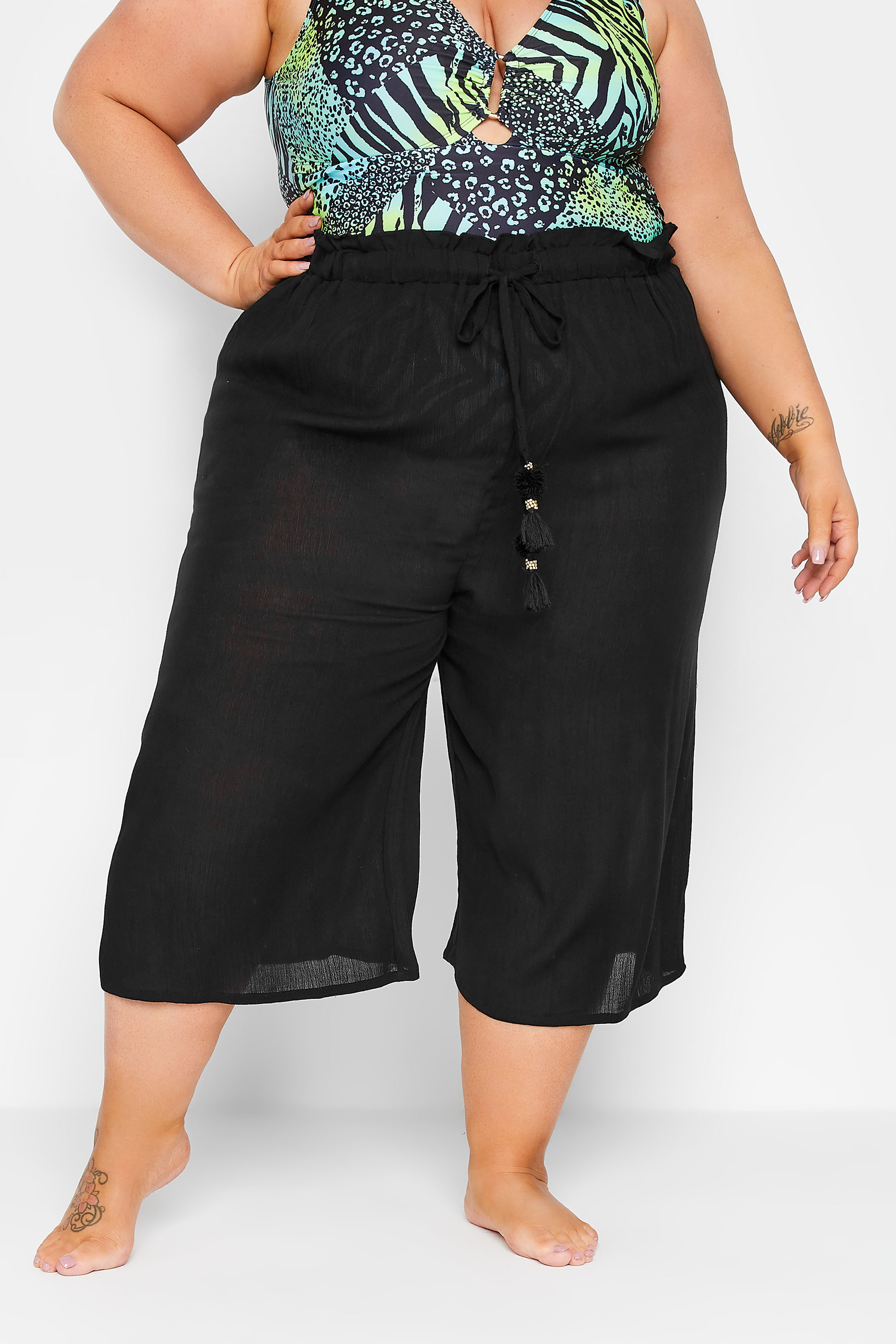 YOURS Plus Size Black Tassel Detail Wide Leg Beach Culottes | Yours Clothing 1