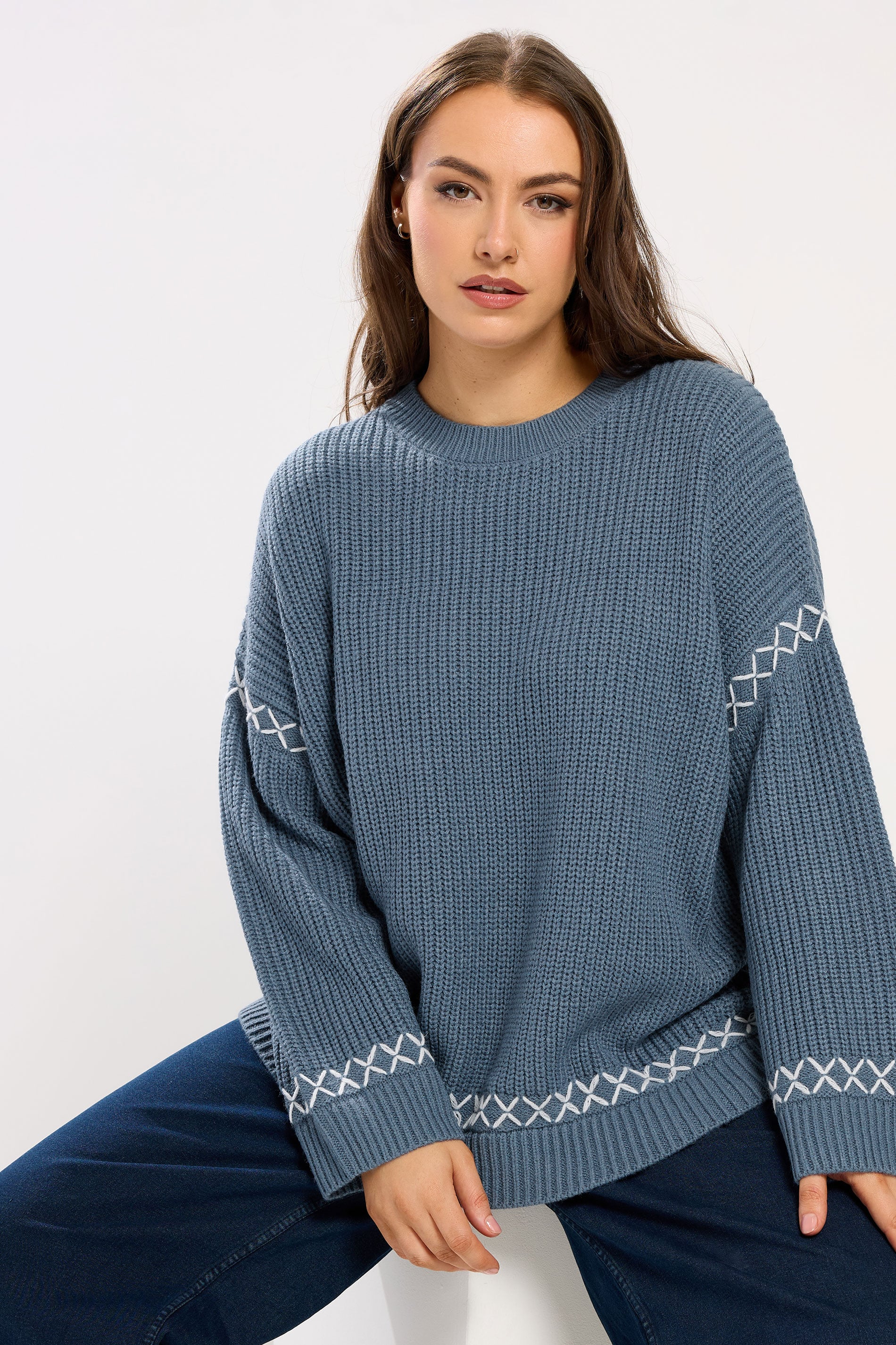 YOURS Plus Size Blue Blanket Stitch Jumper | Yours Clothing 3