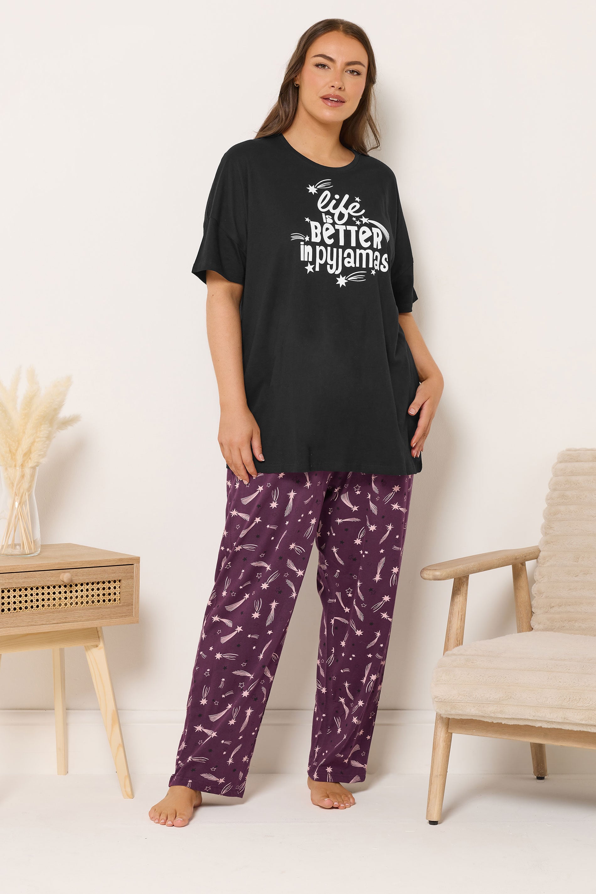 YOURS Plus Size Black 'Life Is Better In Pyjamas' Slogan Pyjama Top | Yours Clothing 1