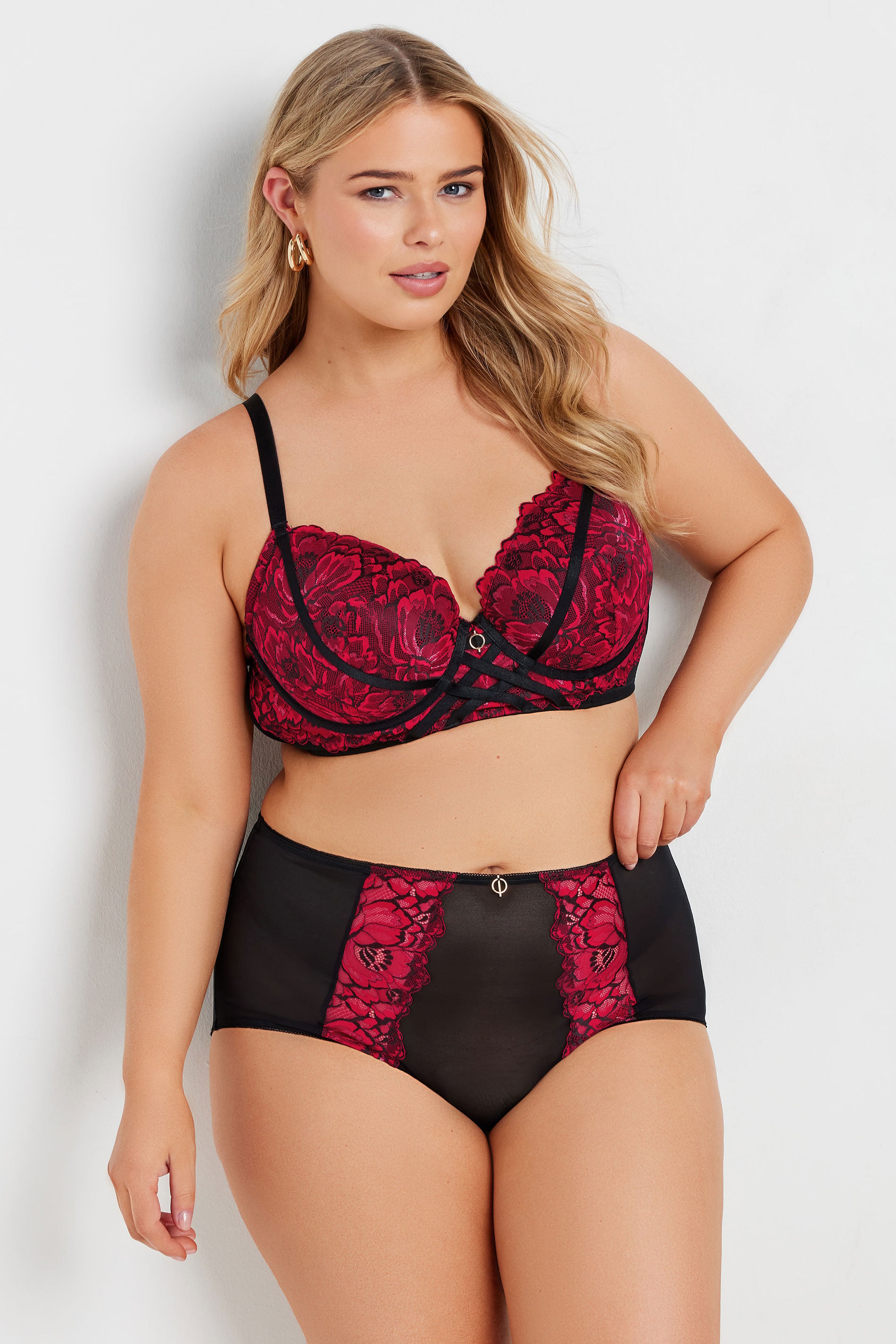 YOURS Plus Size Red & Black Lace Strap Detail Plunge Bra | Yours Clothing 2
