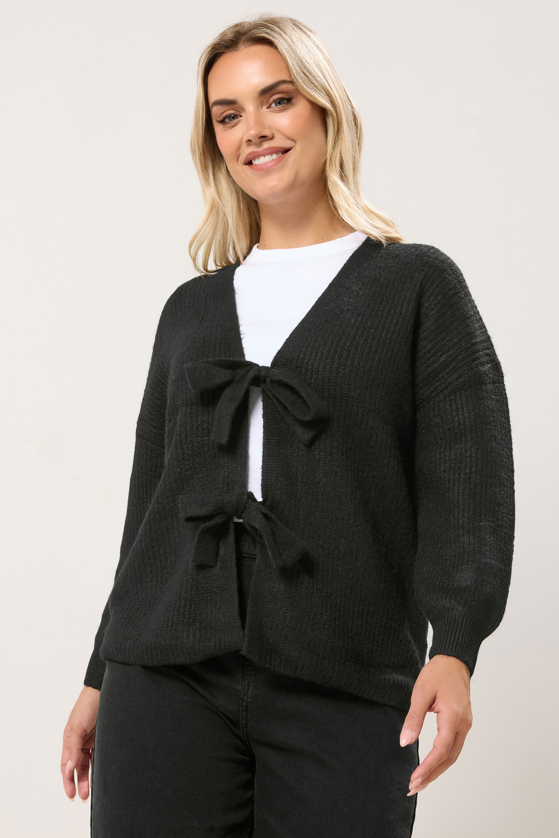 YOURS Plus Size Black Bow Tie Front Cardigan | Yours Clothing 3