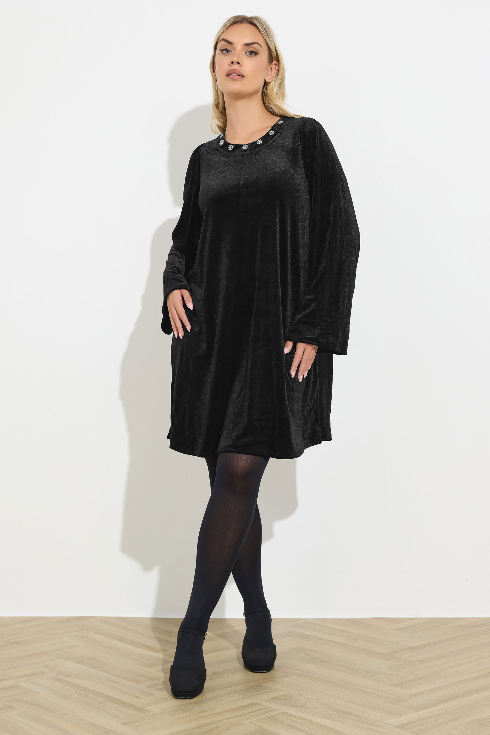 YOURS Plus Size Black Velour Embellished Shift Dress | Yours Clothing 1