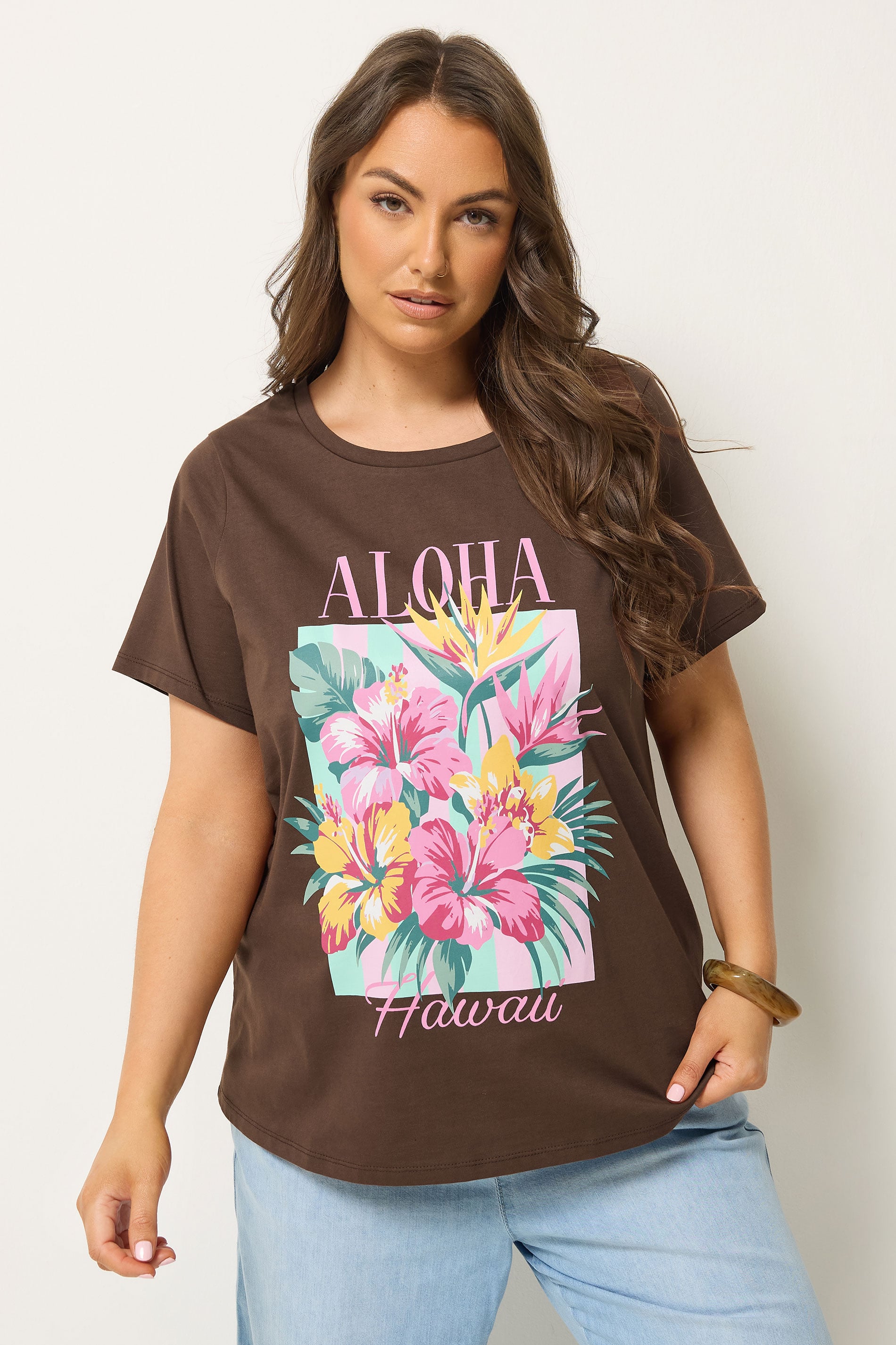 YOURS Plus Size Brown 'Aloha Hawaii' Graphic T-Shirt | Yours Clothing 3