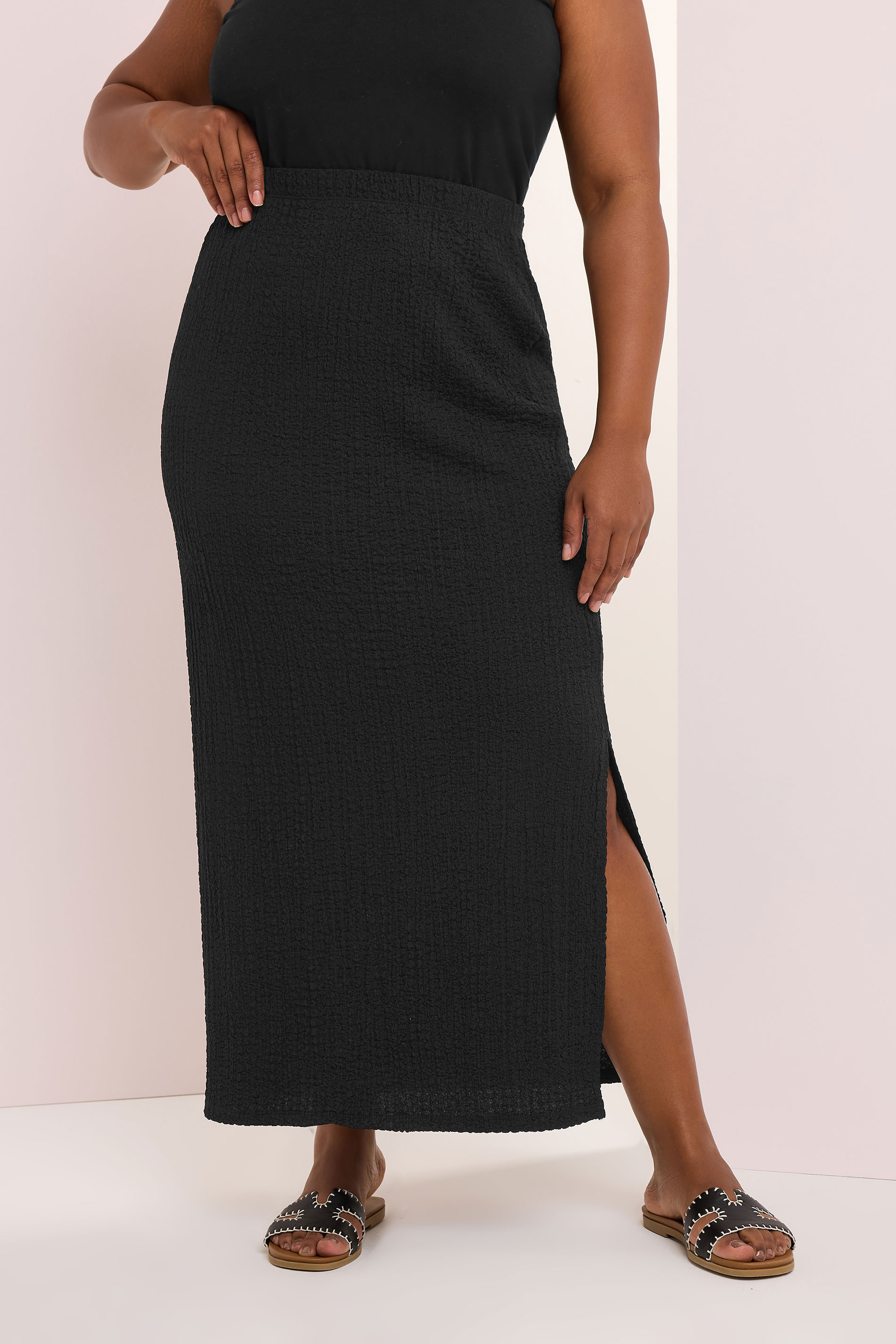 YOURS Plus Size Black Textured Side Split Maxi Skirt | Yours Clothing 3